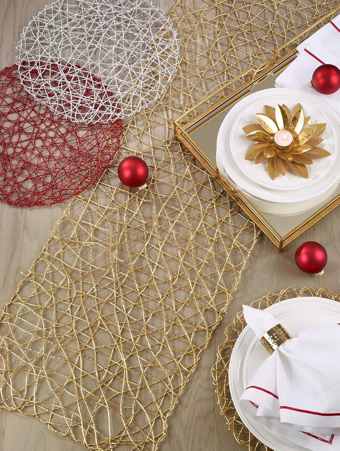 16"x72" Wire Nest Table Runner Gold - Saro Lifestyle: Modern Geometric Polyester, Non-Woven Fabric, Spot Clean