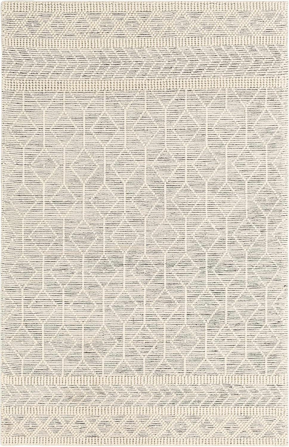 Hauteloom Carolina Boho Hand Woven Wool High Low Textured Area Rug - Farmhouse Moroccan Trellis Carpet for Living Room - Handmade Zig Zag Bubble Weave - Black, White, Cream - 6' x 9'