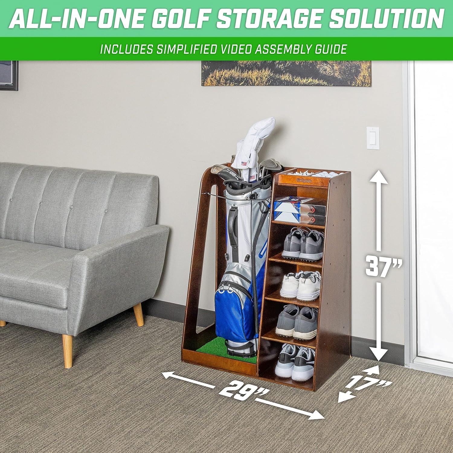 GoSports Premium Wooden Freestanding Golf Bag Organizer and Storage Rack