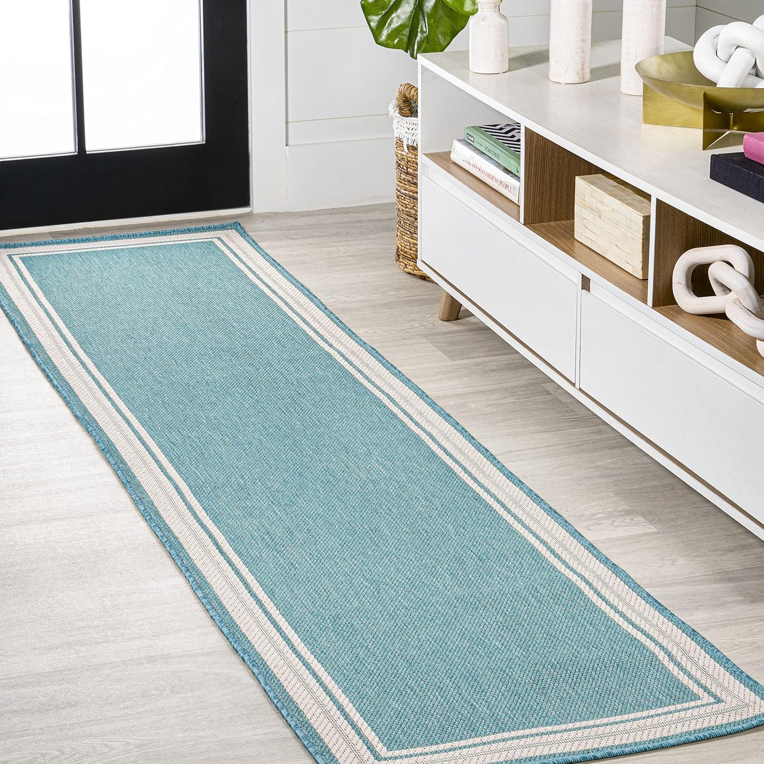 2' x 8' James Modern Border Stripe Indoor/Outdoor Runner Rug, Aqua/Beige - JONATHAN Y