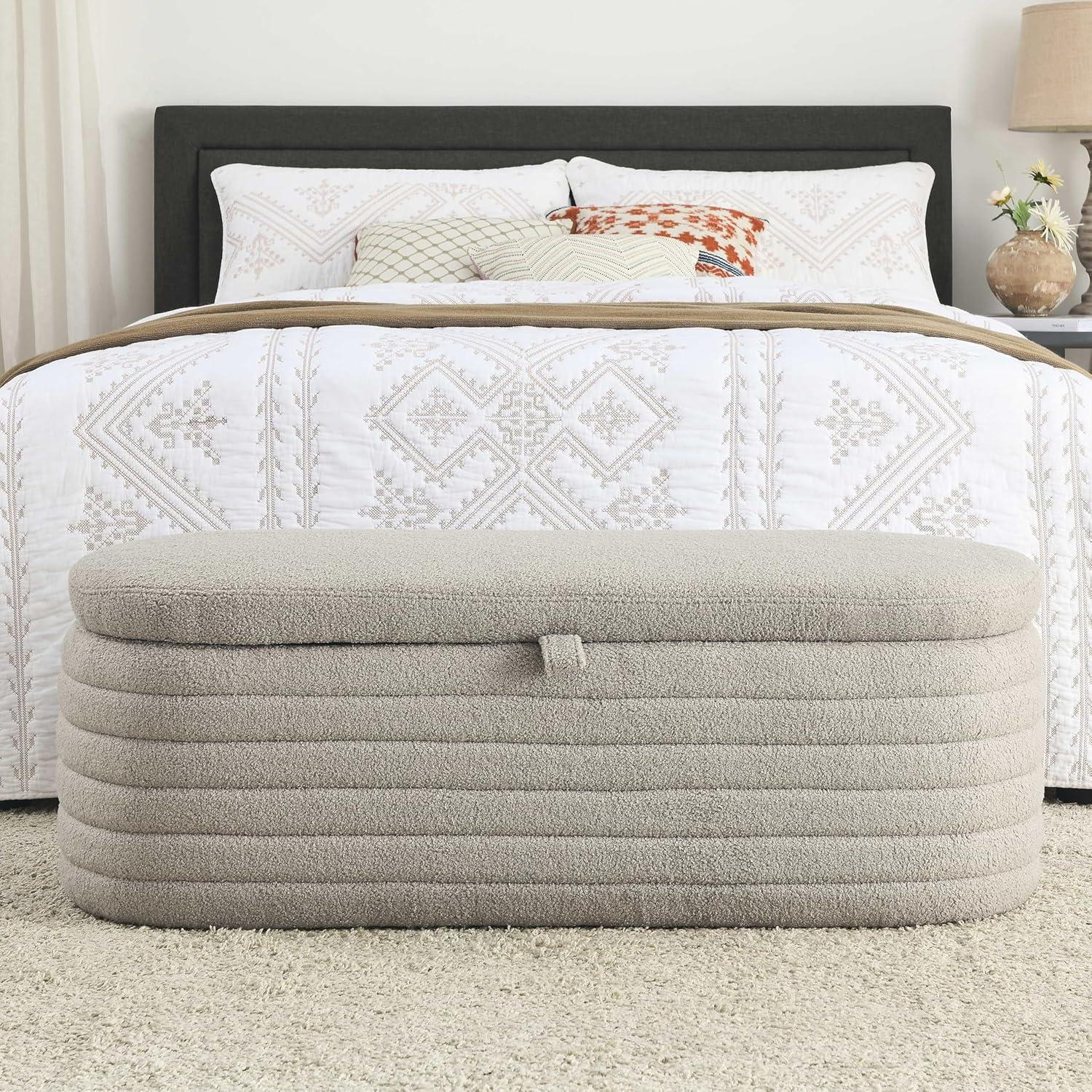 Gray Upholstered Fabric Storage Ottoman Bench with Safety Hinge