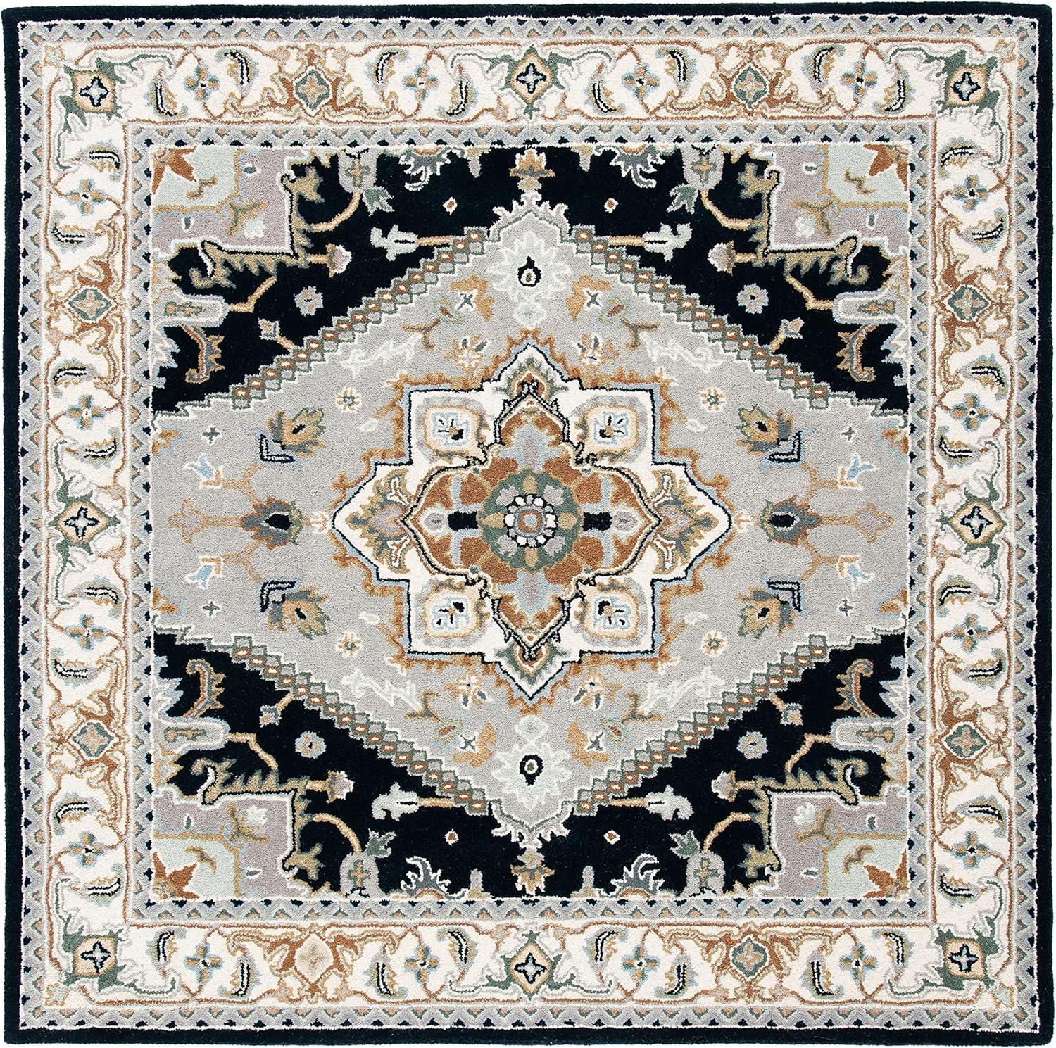 Grey and Navy Hand-Tufted Wool Square Area Rug, 4' x 4'