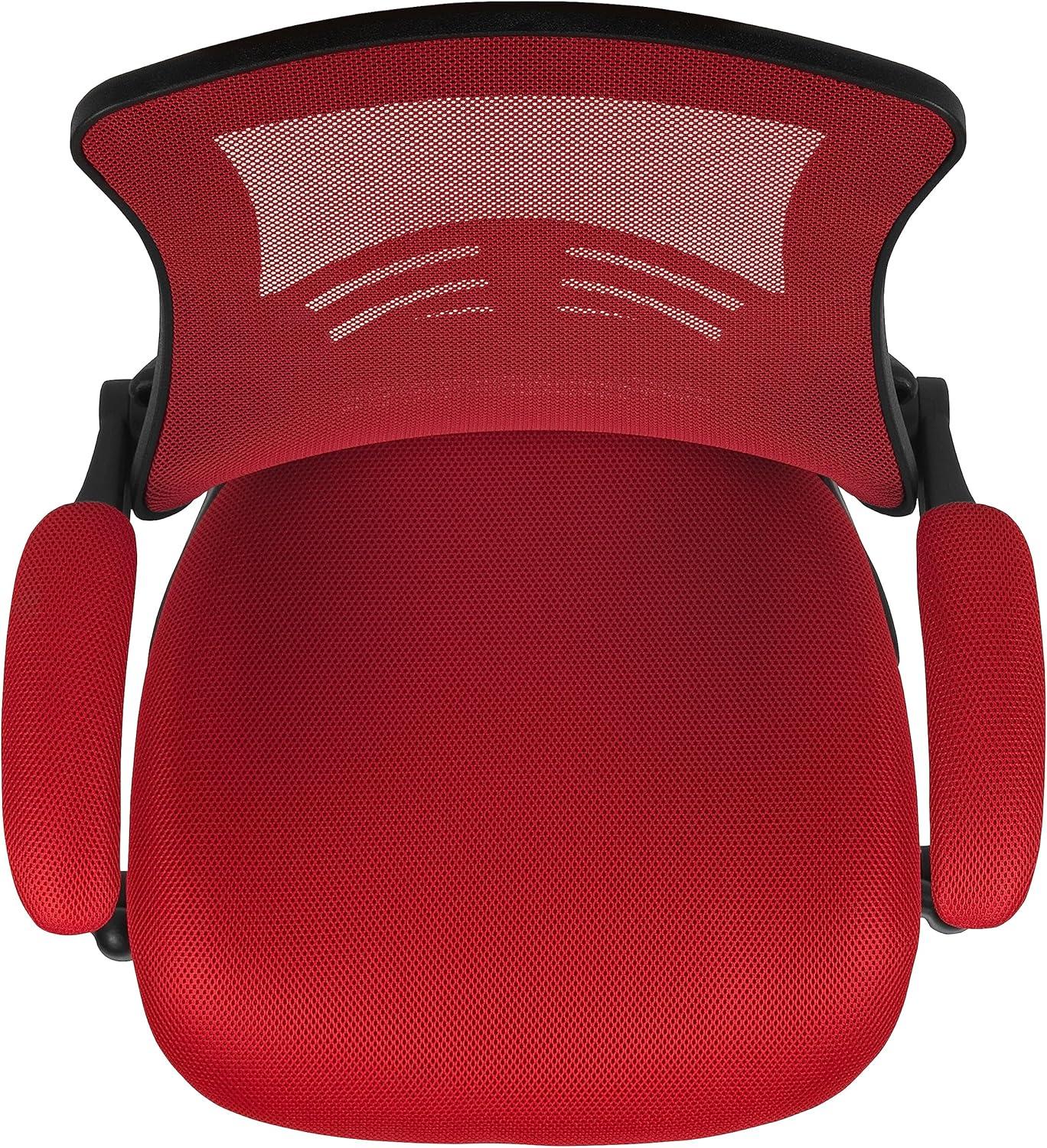 Emma and Oliver Mid-Back Red Mesh Ergonomic Drafting Chair with Foot Ring and Flip-Up Arms
