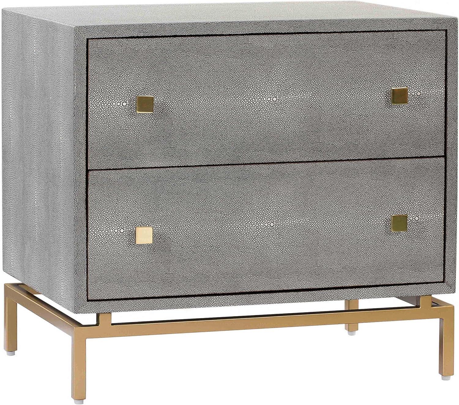 Pesce Modern Gray Shagreen 2-Drawer Nightstand with Brass Accents