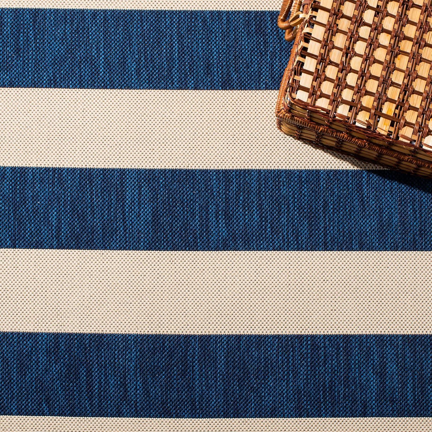 Beige and Navy Striped Synthetic Indoor/Outdoor Rug 9' x 12'