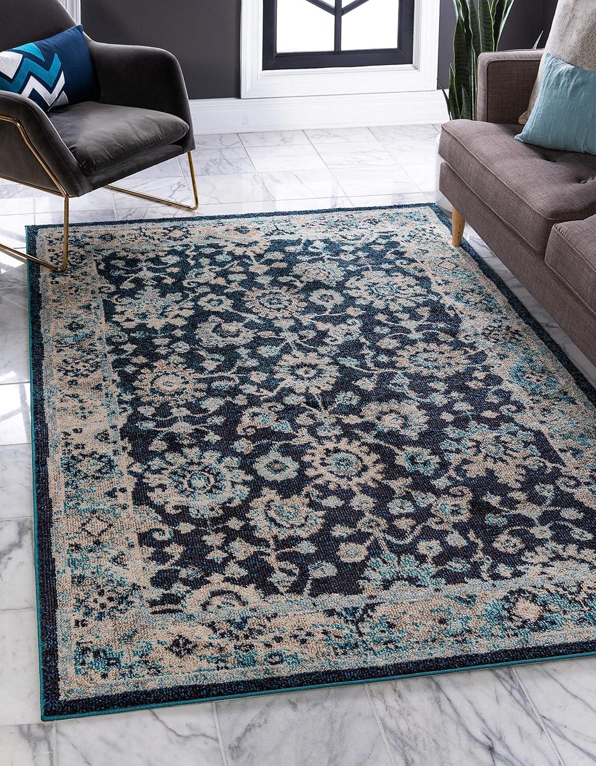 Unique Loom Penrose Collection Area Rug - Krystle (5' 3" x 8' Rectangle Navy Blue/Beige)