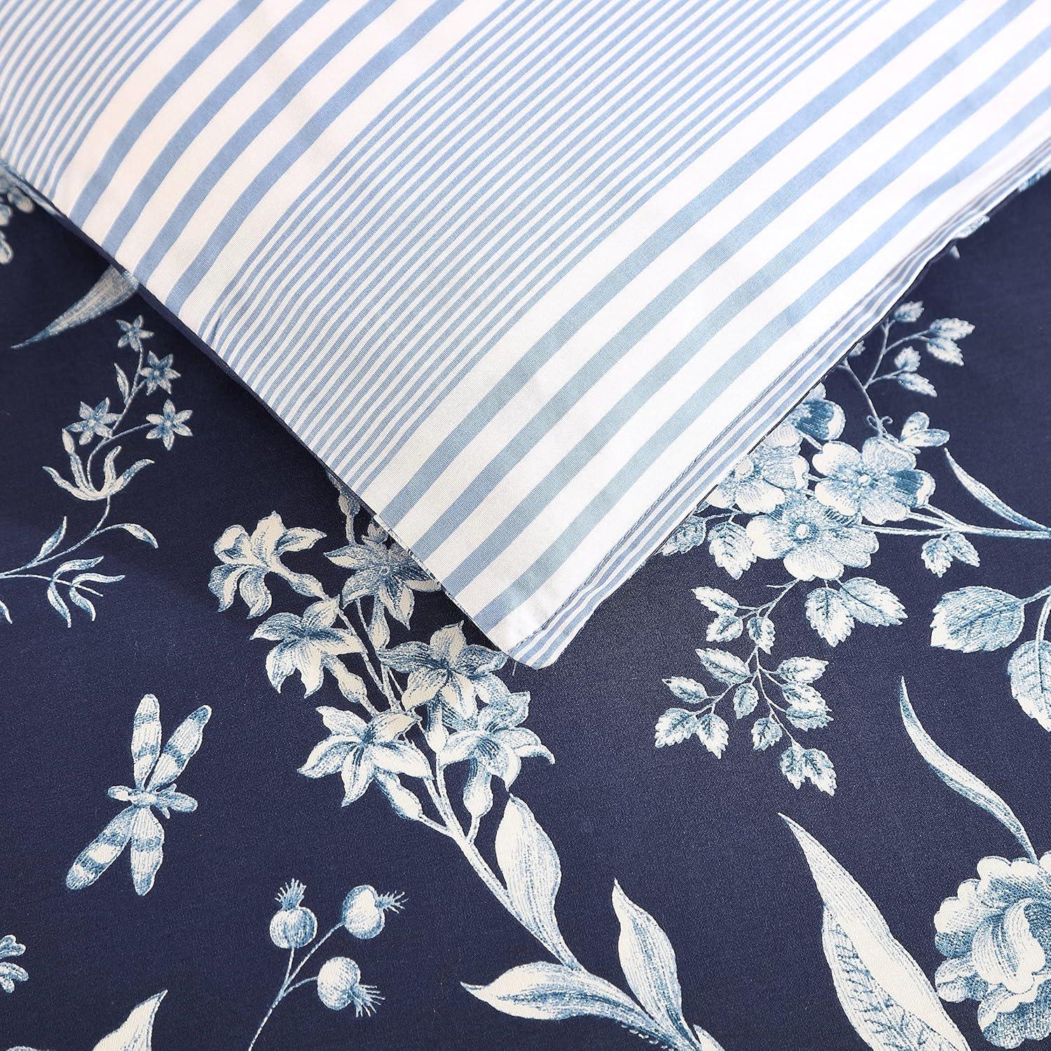 Laura Ashley 5pc Twin Branch Toile 100% Cotton Duvet Cover Bonus Set Blue: Includes Euro Sham, Machine Washable