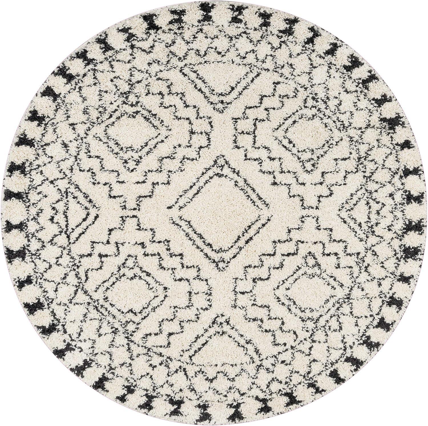 Nuloom Vasiliki Geometric 6 Round Shag Indoor Area Rug for Living Room Bedroom Dining Room Nursery, Off White/Charcoal