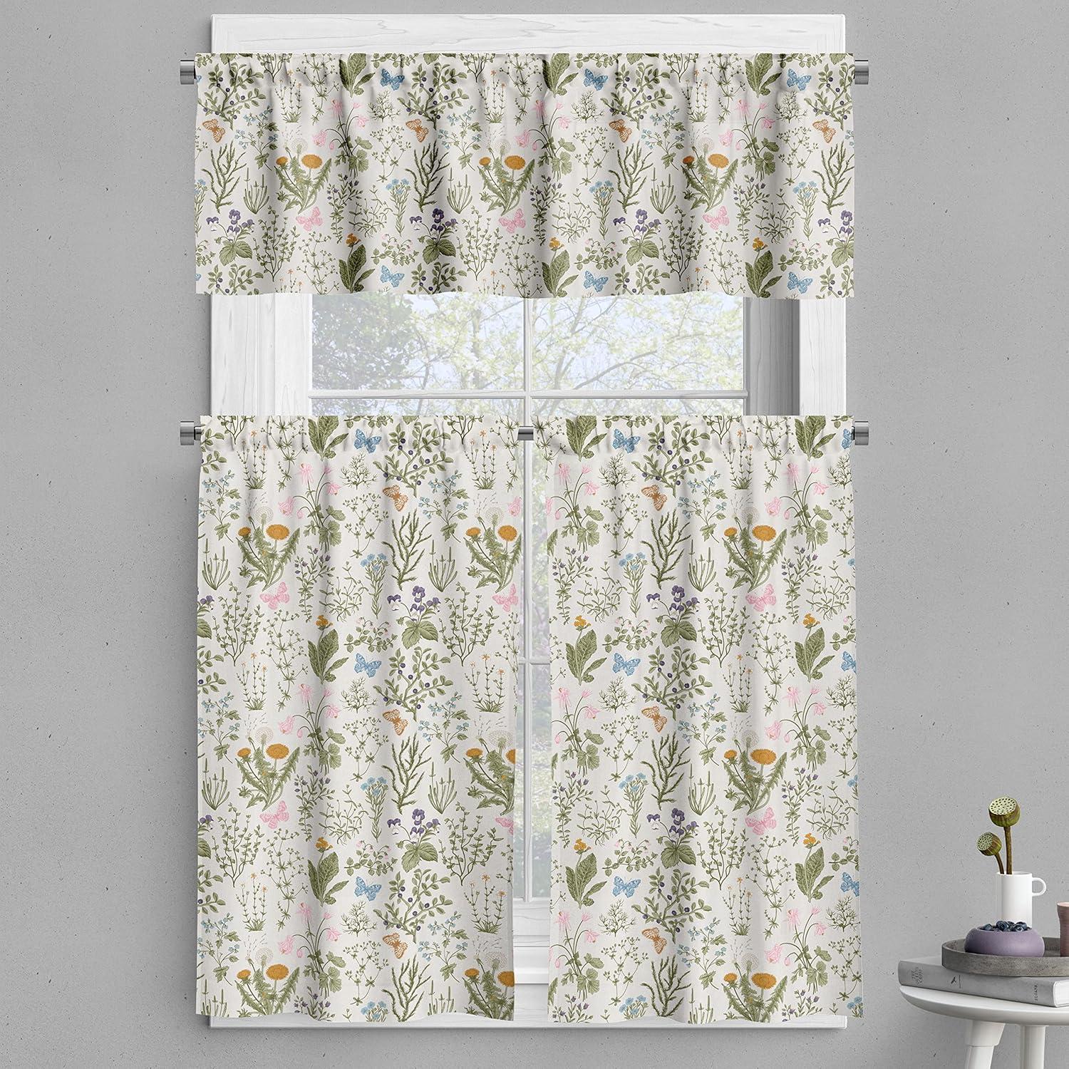 Floral Botanical Print Polyester Kitchen Tier Curtain Set