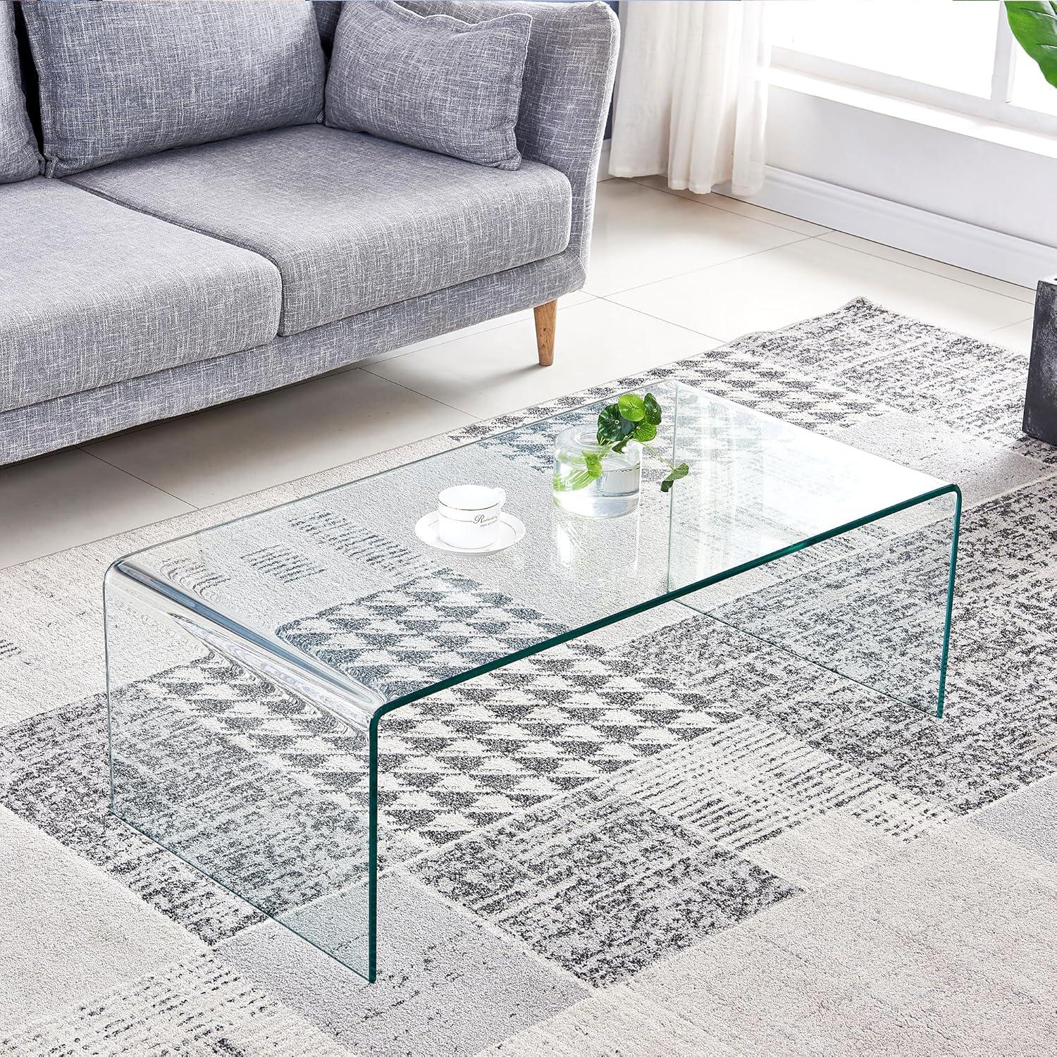 Glass Coffee Table, Modern Clear Tables for Living Room, Small Rectangle Tempered Glass Waterfall Sofa End Coffee Tables 39.4" x 19.7" x 13.78"H