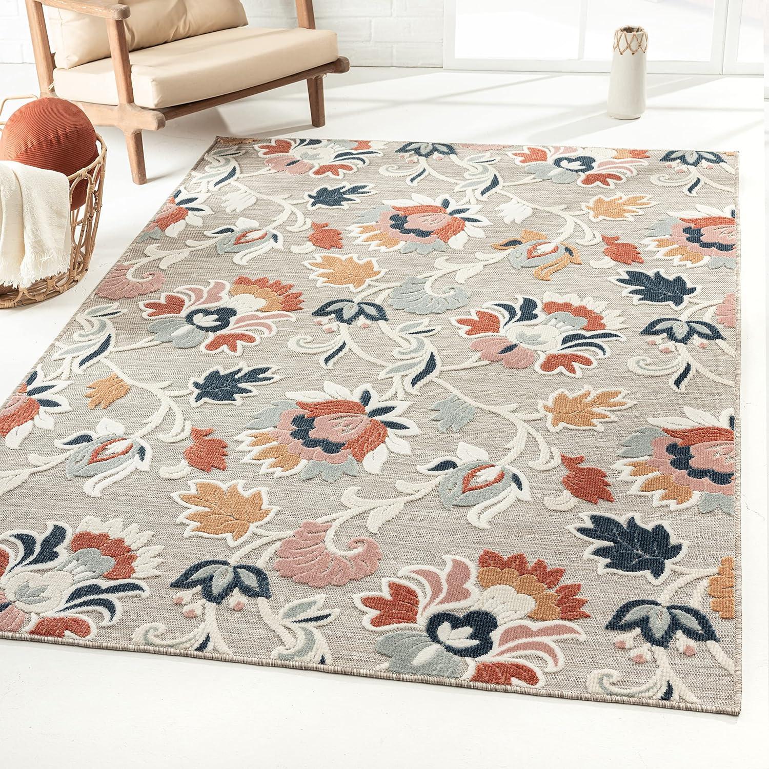 LR Home Elise 7'9" x 9'9" Coral/Gray Floral Hi-Low Indoor/Outdoor Area Rug