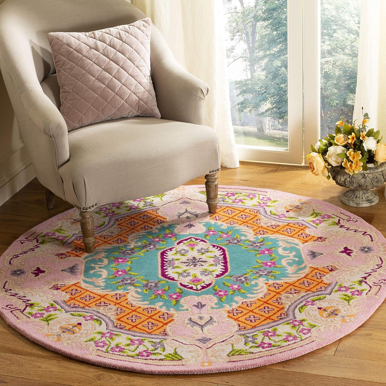SAFAVIEH Bellagio Chandler Floral Wool Area Rug, Blue/Pink, 9' x 9' Round