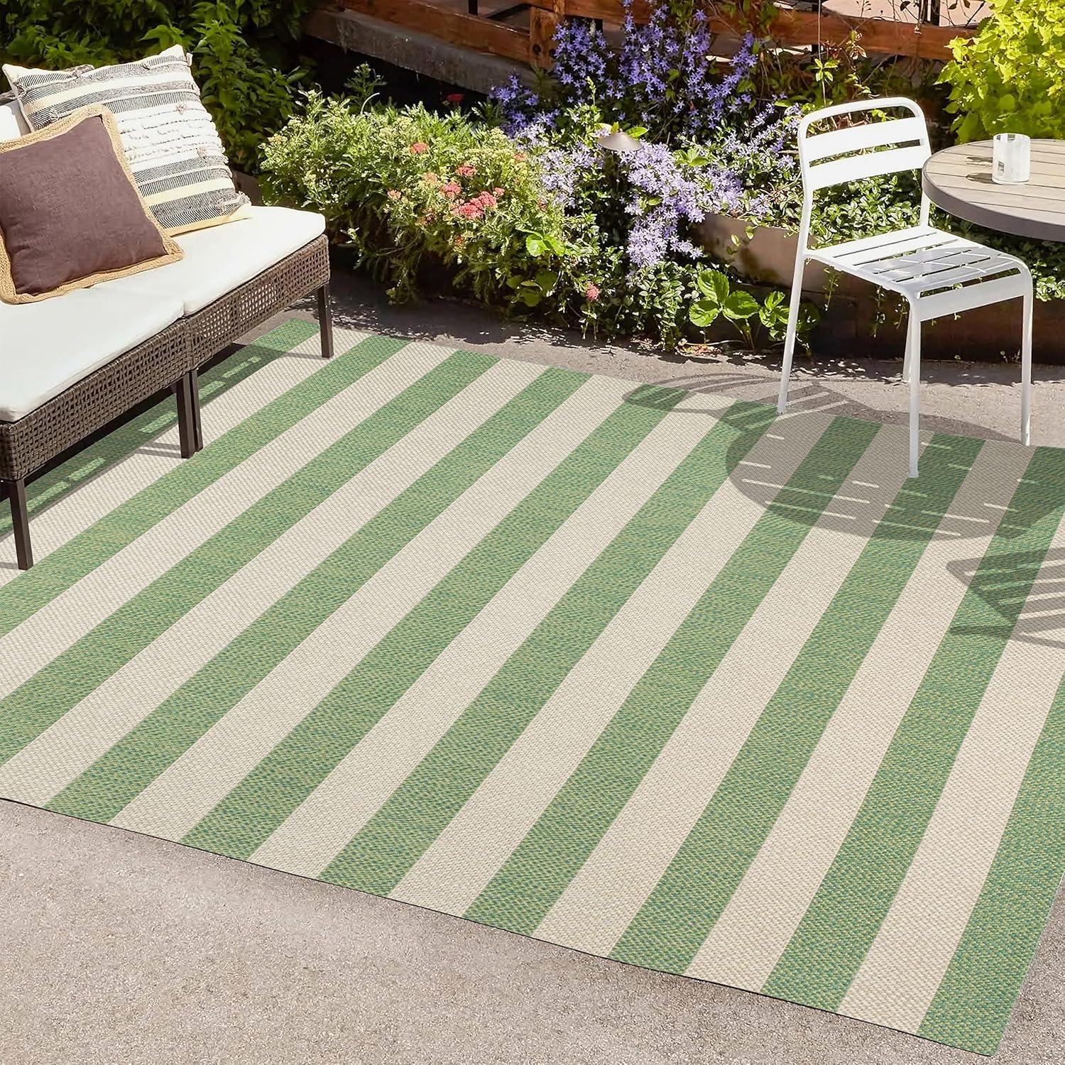 5' x 8' Negril Two-Tone Wide Stripe Indoor/Outdoor Area Rug, Green/Cream - JONATHAN Y