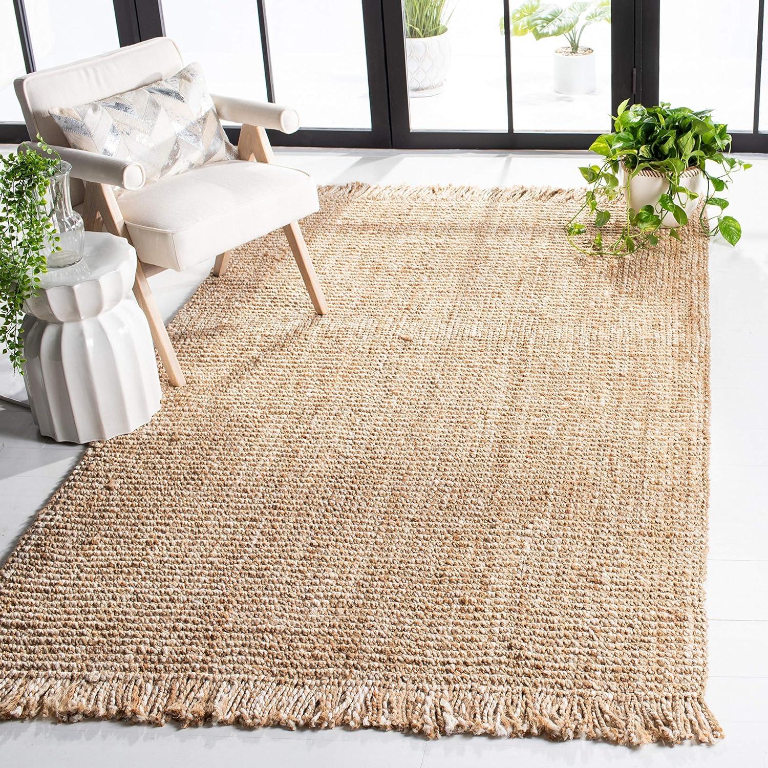 Handmade Natural Beige Jute Area Rug with Fringe