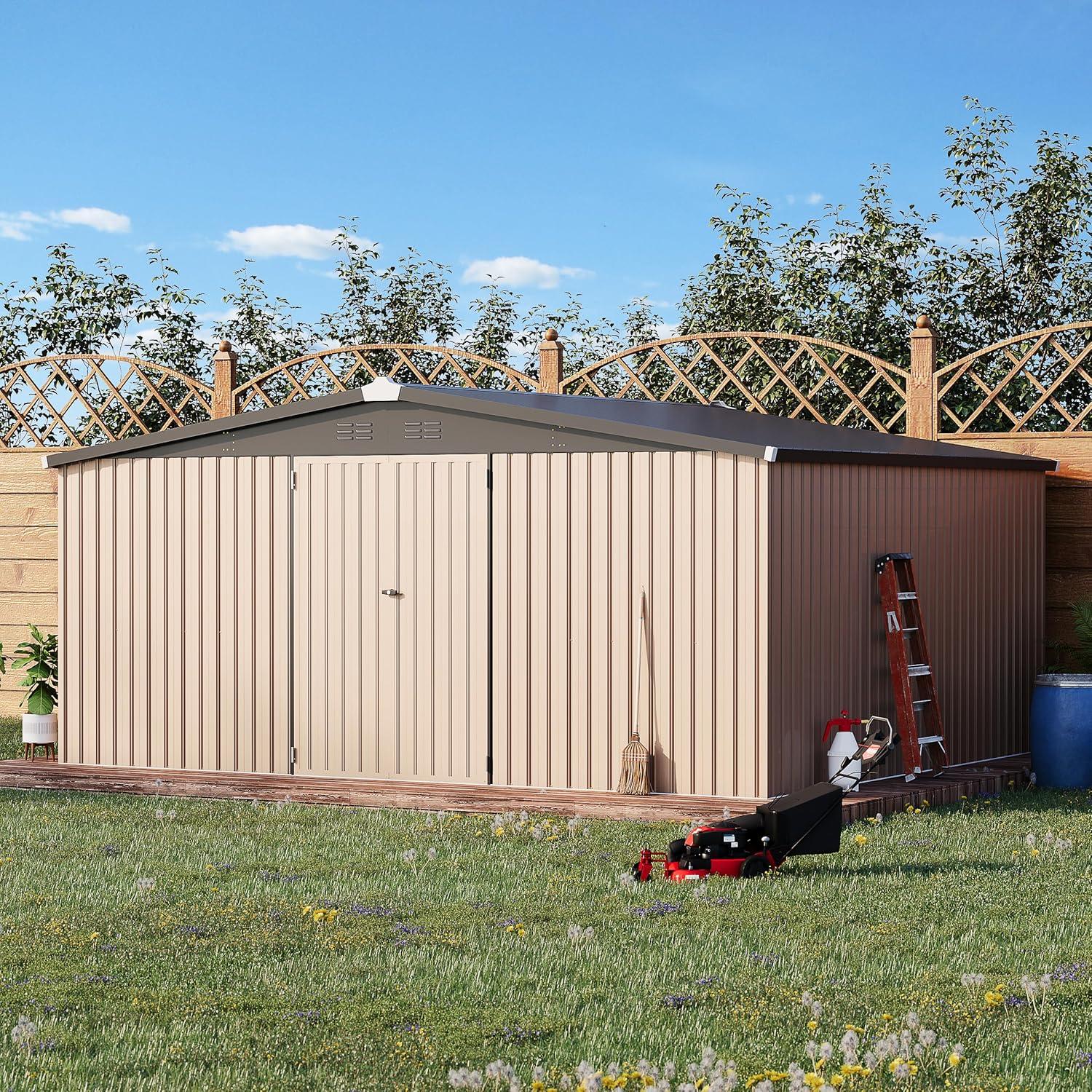 Taupe Large Metal Outdoor Storage Shed with Lockable Doors