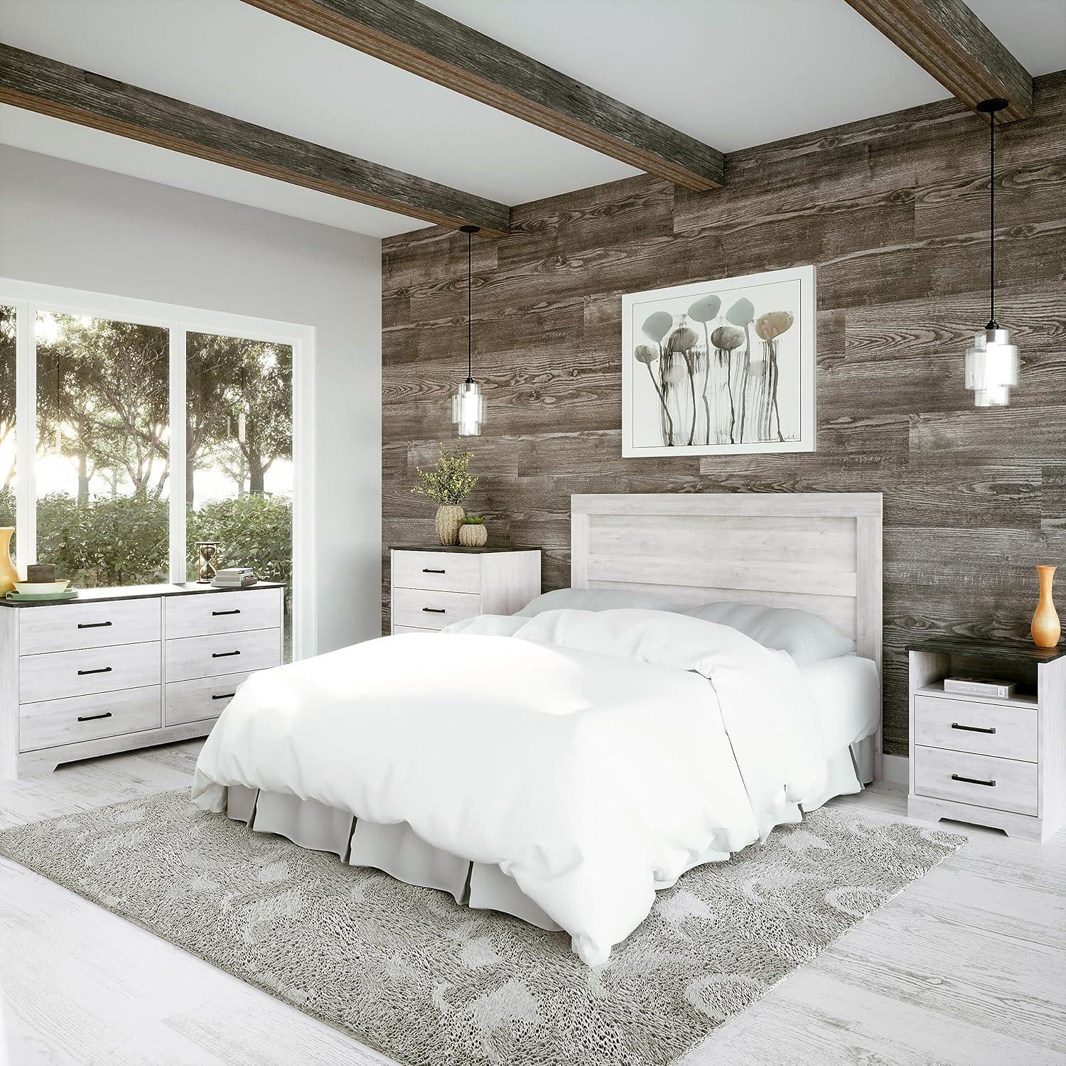 Prepac Rustic Ridge Farmhouse Nightstand with 2 Drawers and Open Cubby Washed White