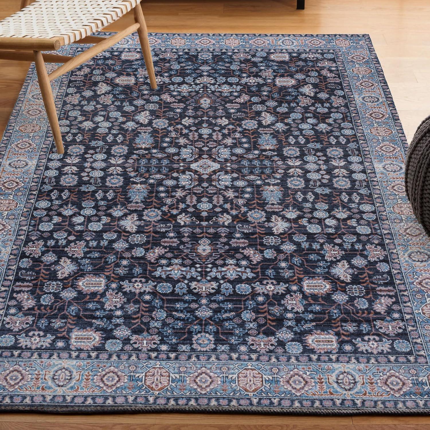 Kemer All-Over Persian Machine-Washable Black/Blue 3 ft. x 5 ft. Area Rug - JONATHAN Y