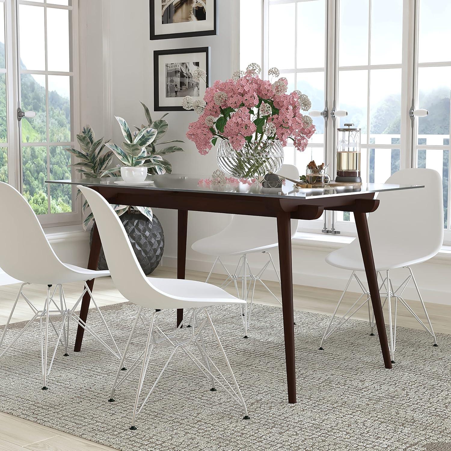 Espresso Wood Dining Table with Clear Glass Top, 55"