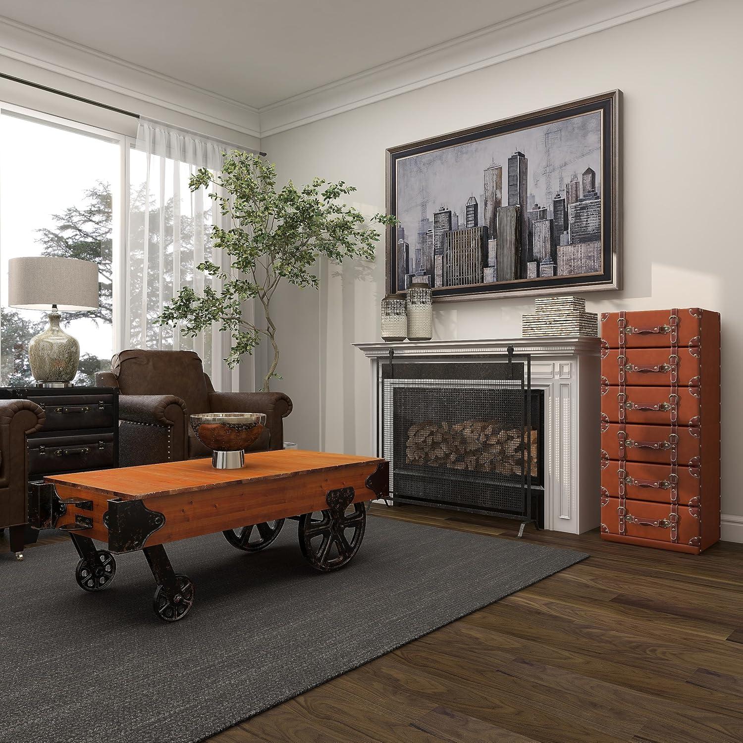 DecMode 16" x 42" Brown Wood Faux Leather 6 Drawers Chest with Buckle and Strap Detailing, 1-Piece