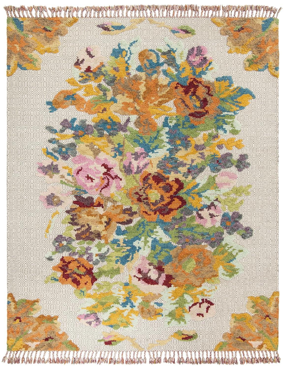 SAFAVIEH Kenya Cybill Floral Braided Fringe Area Rug, Orange/Light Grey, 9' x 12'