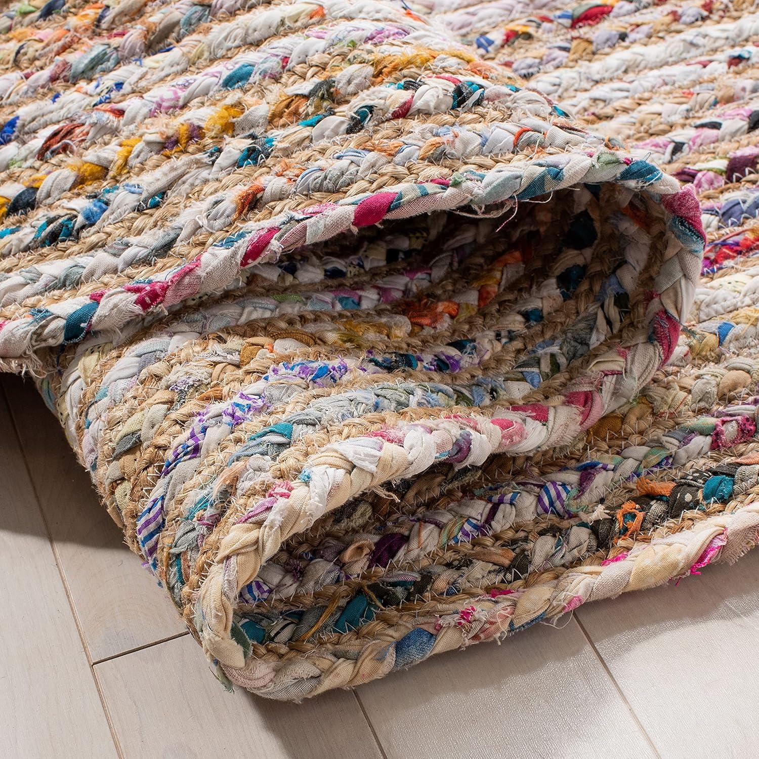 Handmade Green and Natural Braided Jute Cotton Square Rug