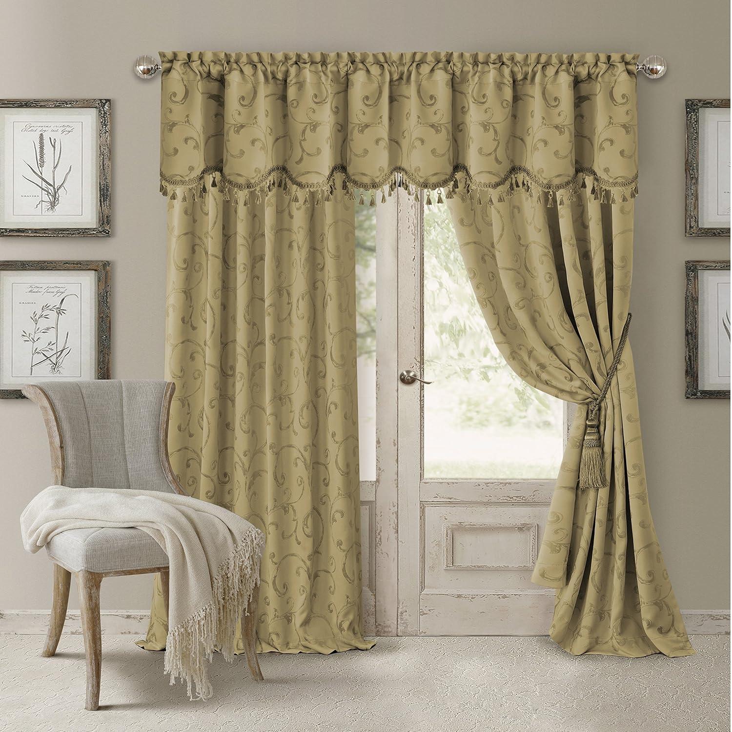 Mia Jacquard Scroll Blackout Window Curtain Panel - 52" x 95" - Gold - Elrene Home Fashions