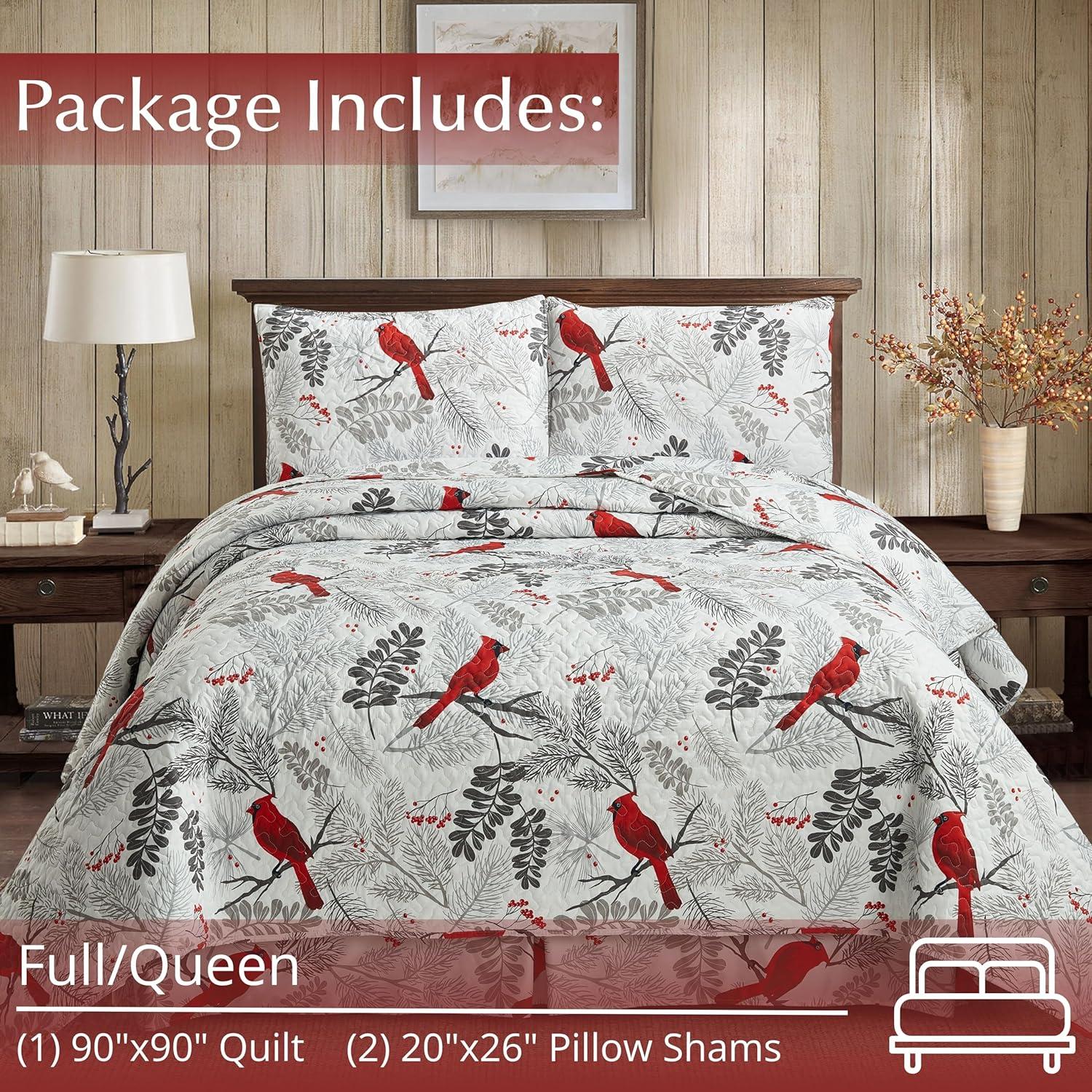 Virah Bella 3 Piece Full/Queen Lodge Quilt Bedding Set - Rustic Country Reversible Comforter Set with Decorative Pillow Shams - Cardinals