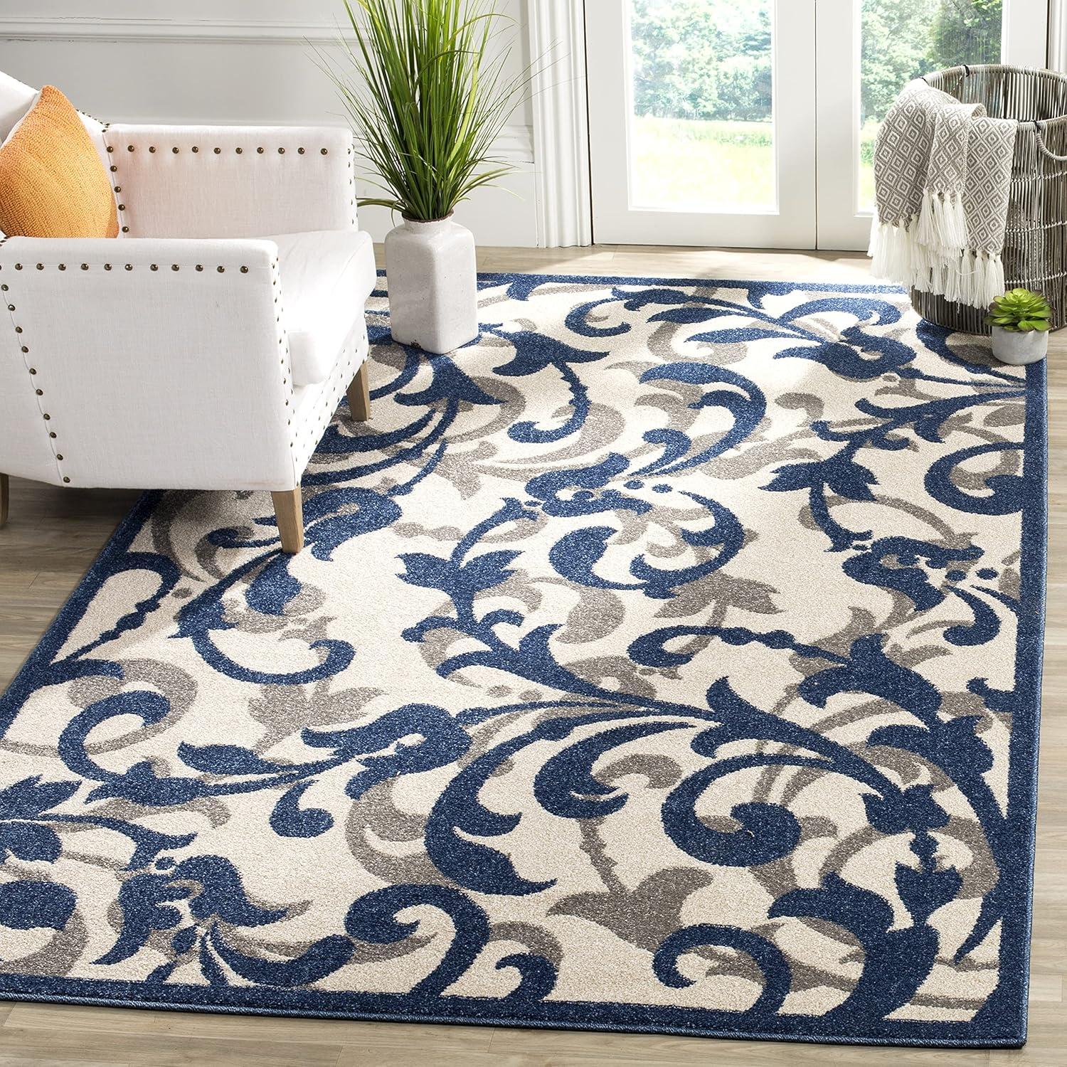 Ivory and Navy Floral Square Synthetic Area Rug