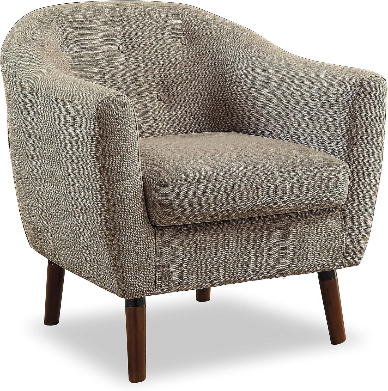 Scandinavian Barrel Beige Wood Accent Chair with Button-Tufted Back