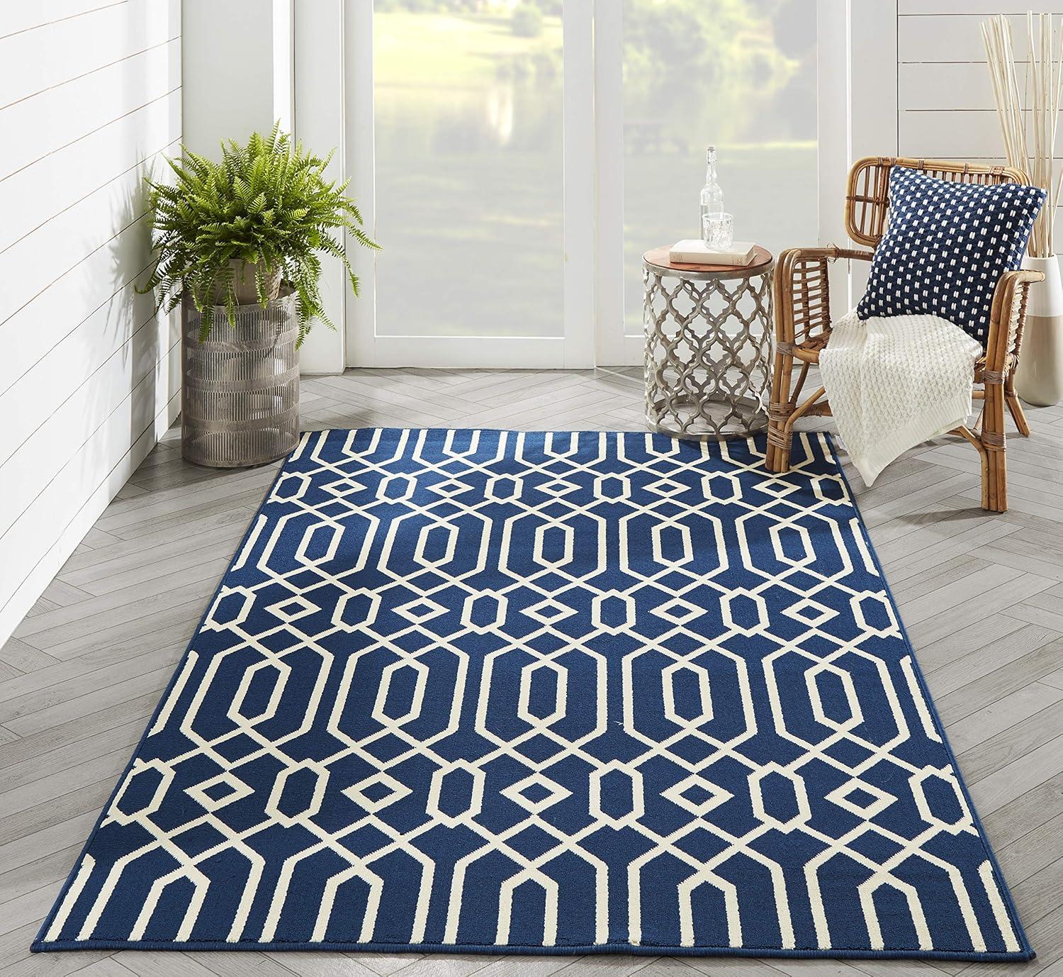 Navy Luxe Nautical 5'3" x 7'6" Flat Woven Outdoor Rug