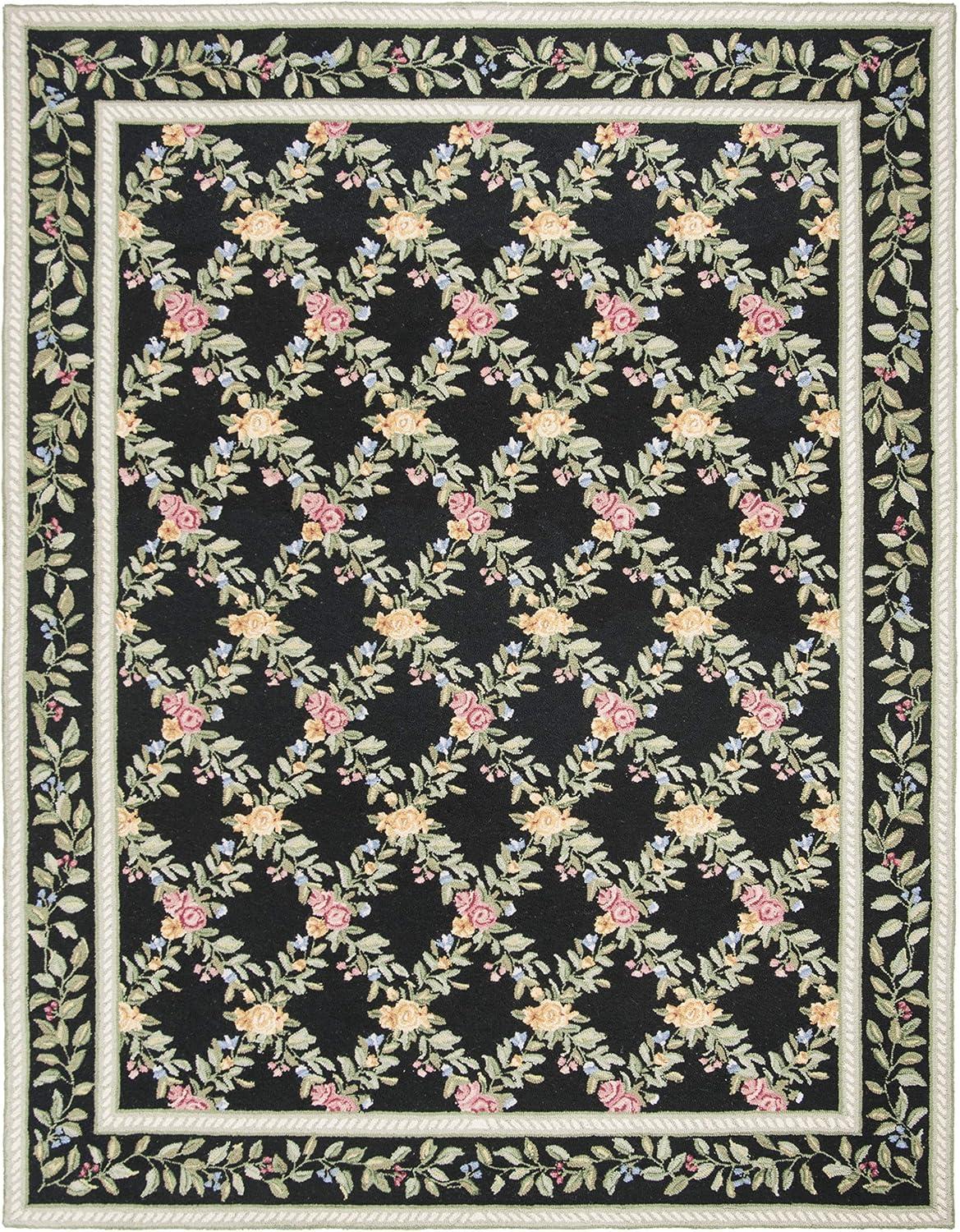 Handmade Black Floral Wool Rectangular 8' x 10' Rug