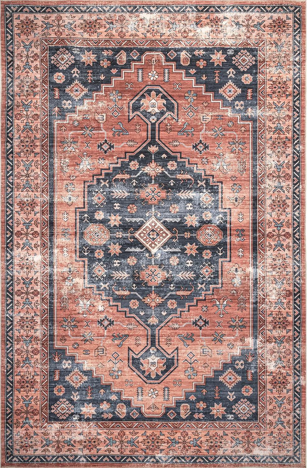 Nuloom Medallion 6x9 Machine Washable Indoor Area Rug for Living Room Bedroom Dining Room Kitchen, Brick/Dark Grey