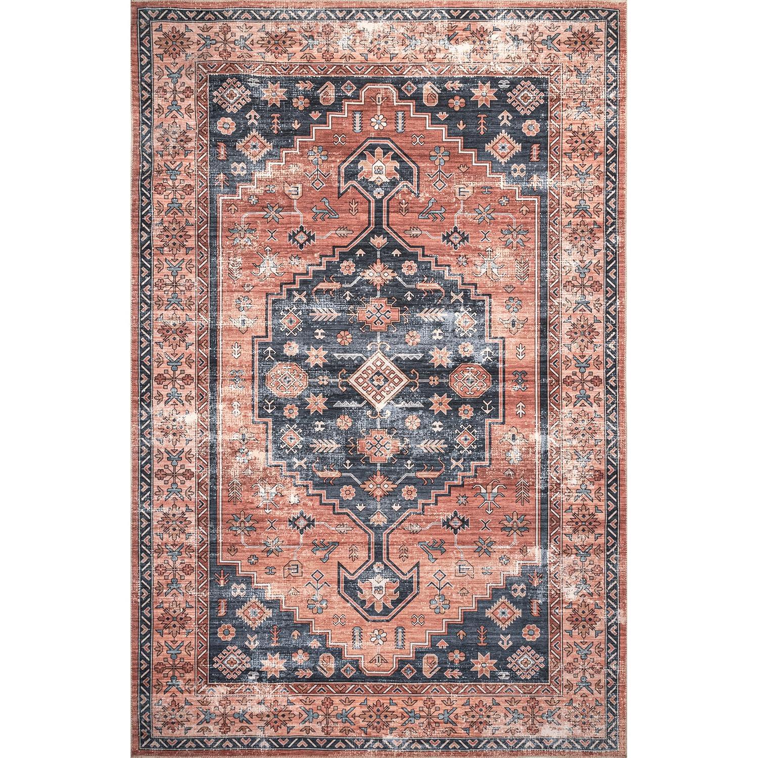 Nuloom Medallion 6x9 Machine Washable Indoor Area Rug for Living Room Bedroom Dining Room Kitchen, Brick/Dark Grey