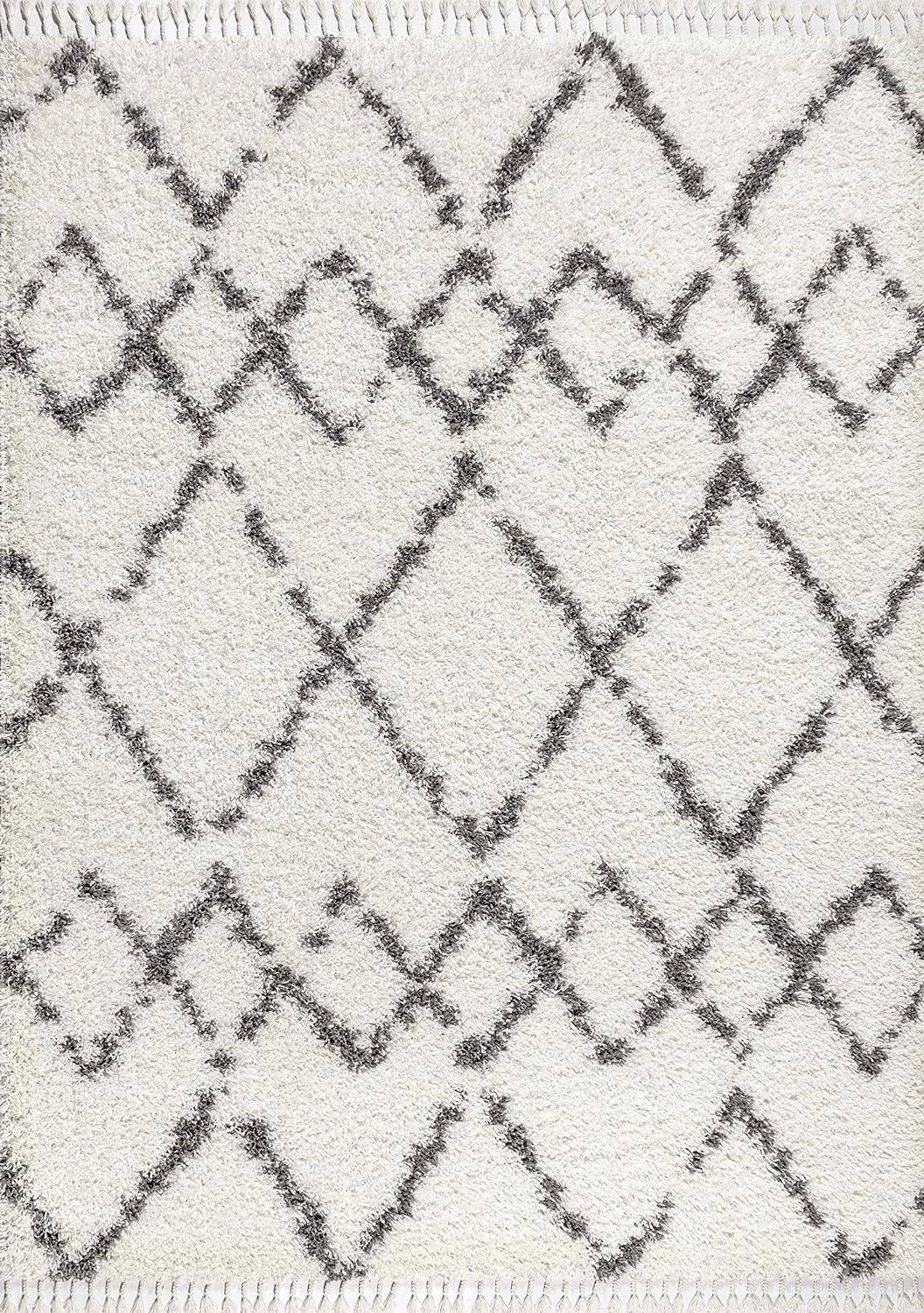 Cream/Grey Moroccan Tribal Geometric Trellis Shag Rug 8' x 10'