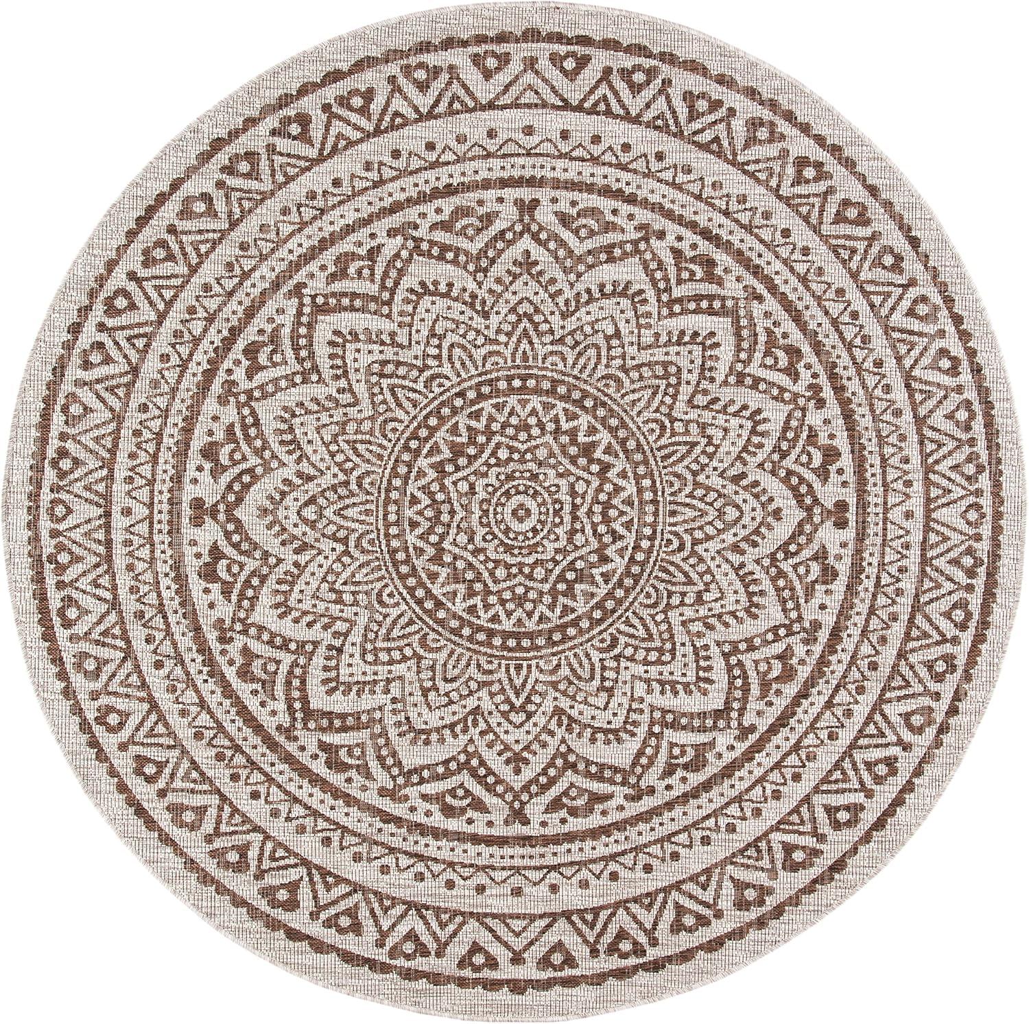 SAFAVIEH Courtyard Josiah Floral Medallion Indoor/Outdoor Area Rug, 5'3" x 5'3" Round, Light Beige/Light Brown