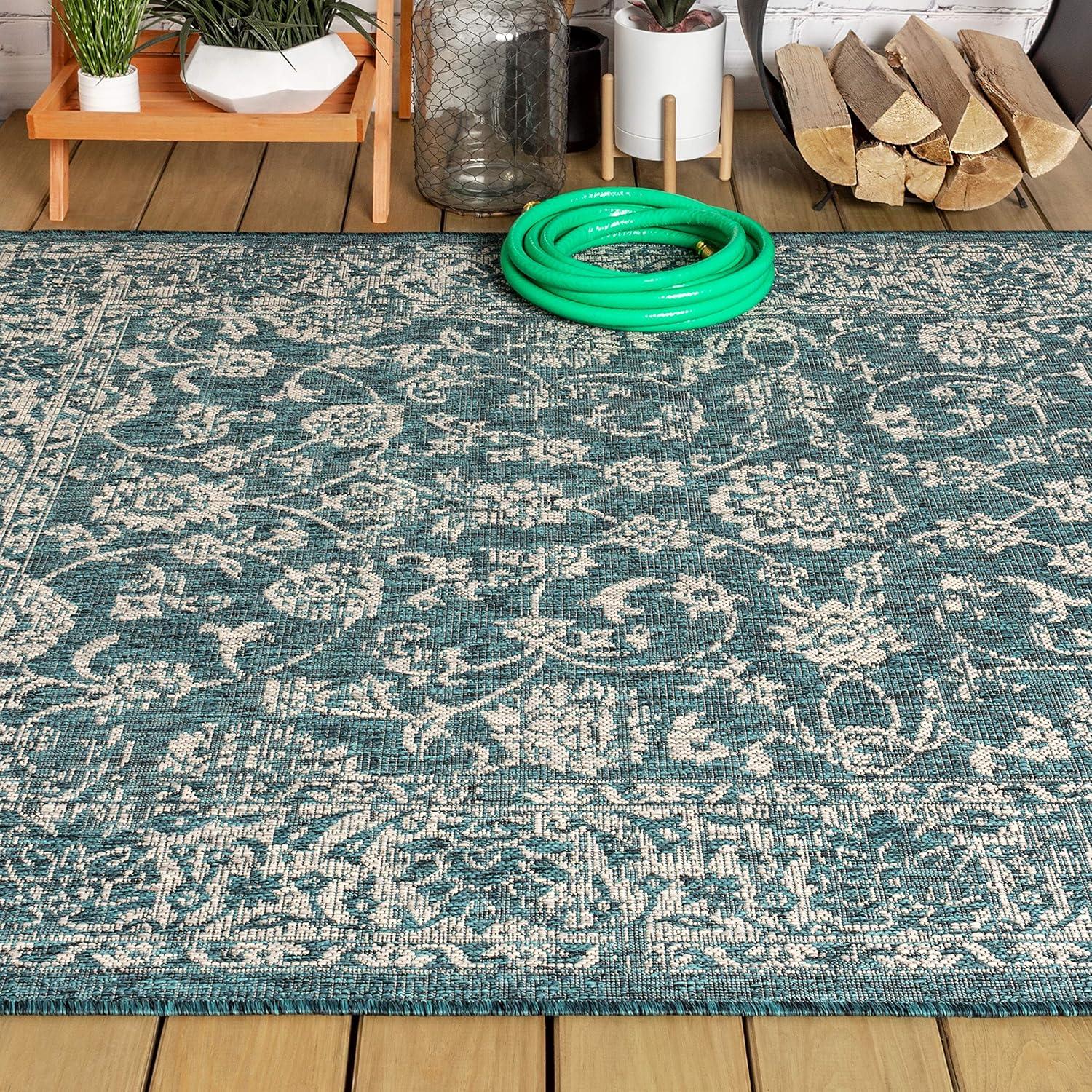 4'x6' Tela Bohemian Textured Weave Floral Indoor/Outdoor Area Rug, Teal/Gray - JONATHAN Y