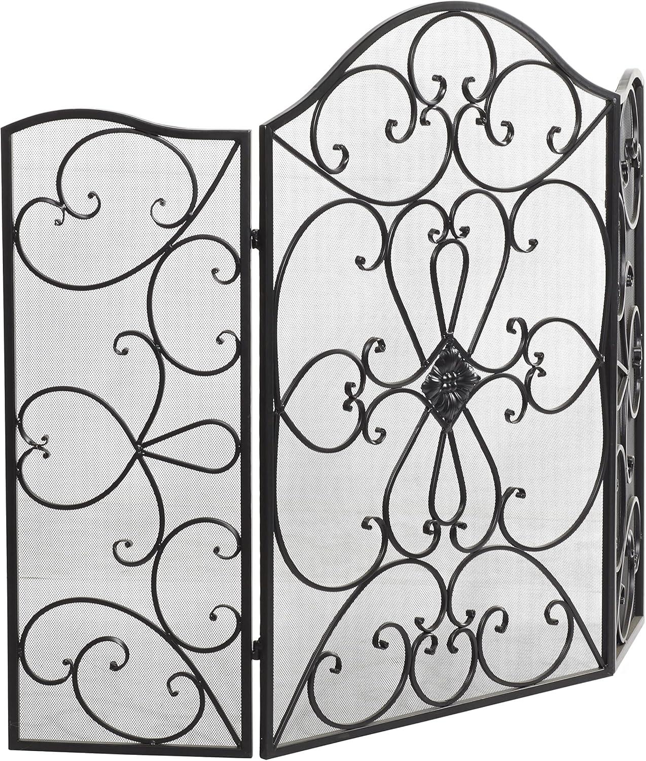 DecMode 49" x 36" Black Metal Foldable 3 Panel Scroll Fireplace Screen with Mesh Netting, 1-Piece