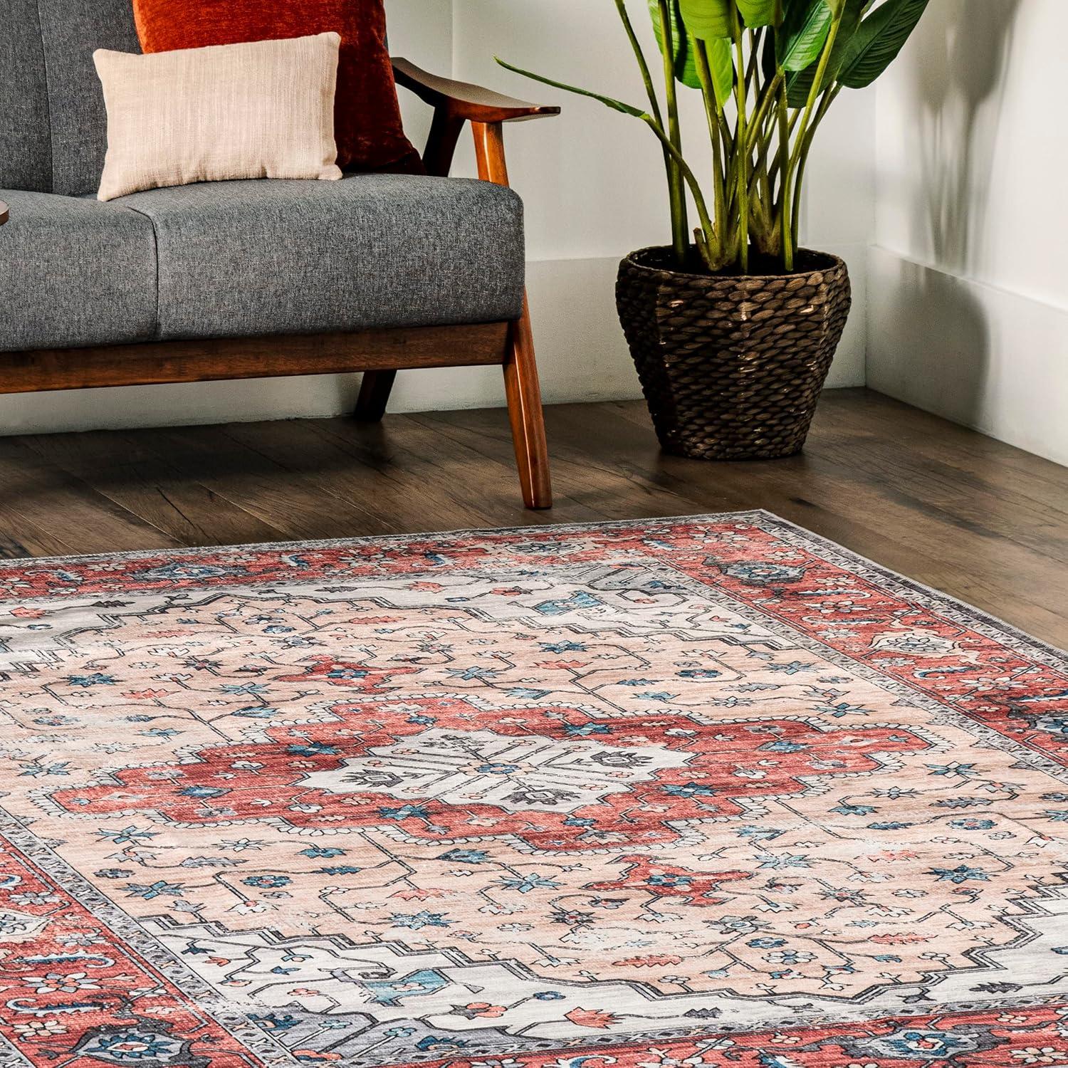 Rustic Red 5' x 8' Transitional Medallion Washable Rug