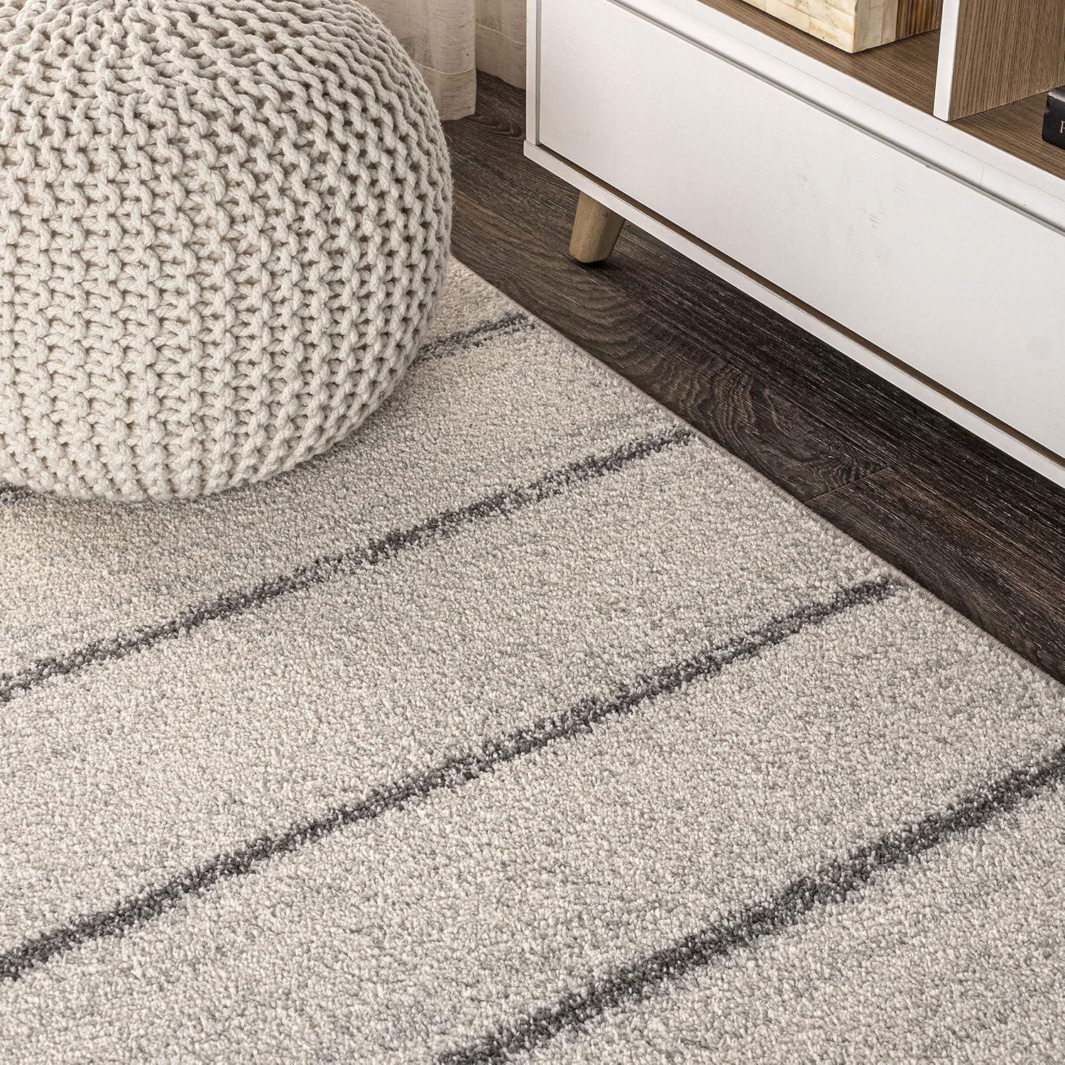 Cream and Gray Striped Synthetic 4' x 6' Area Rug