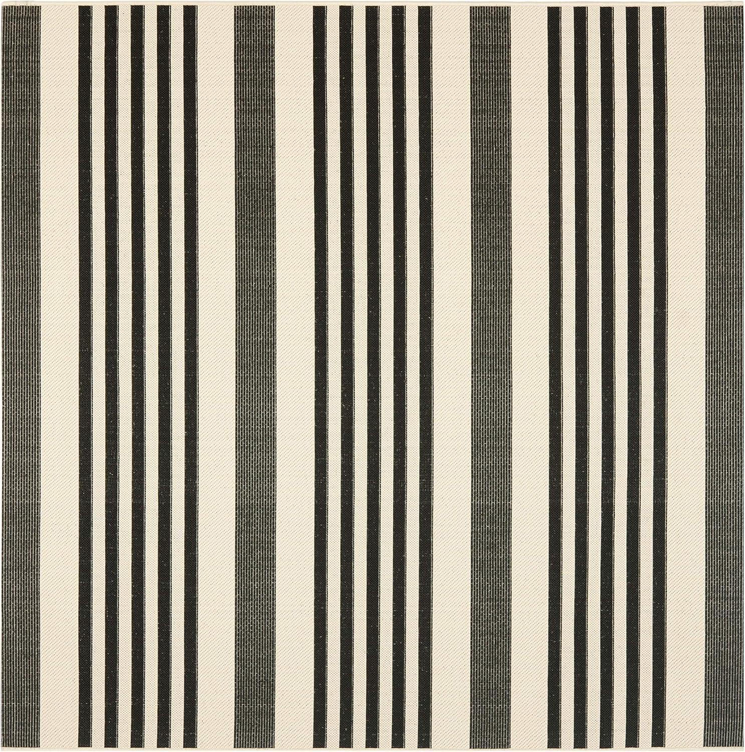 Modern Black Stripe Synthetic 5'3" Square Outdoor Rug