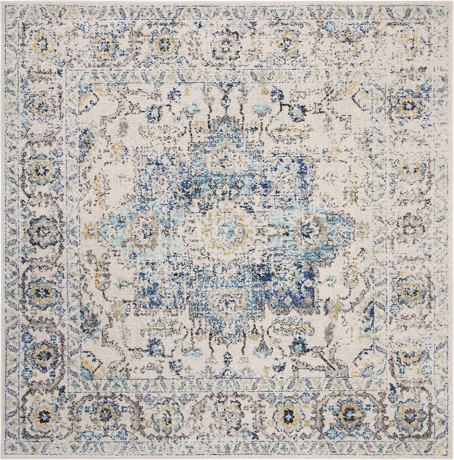 Turquoise and Ivory Square Synthetic Medallion Area Rug