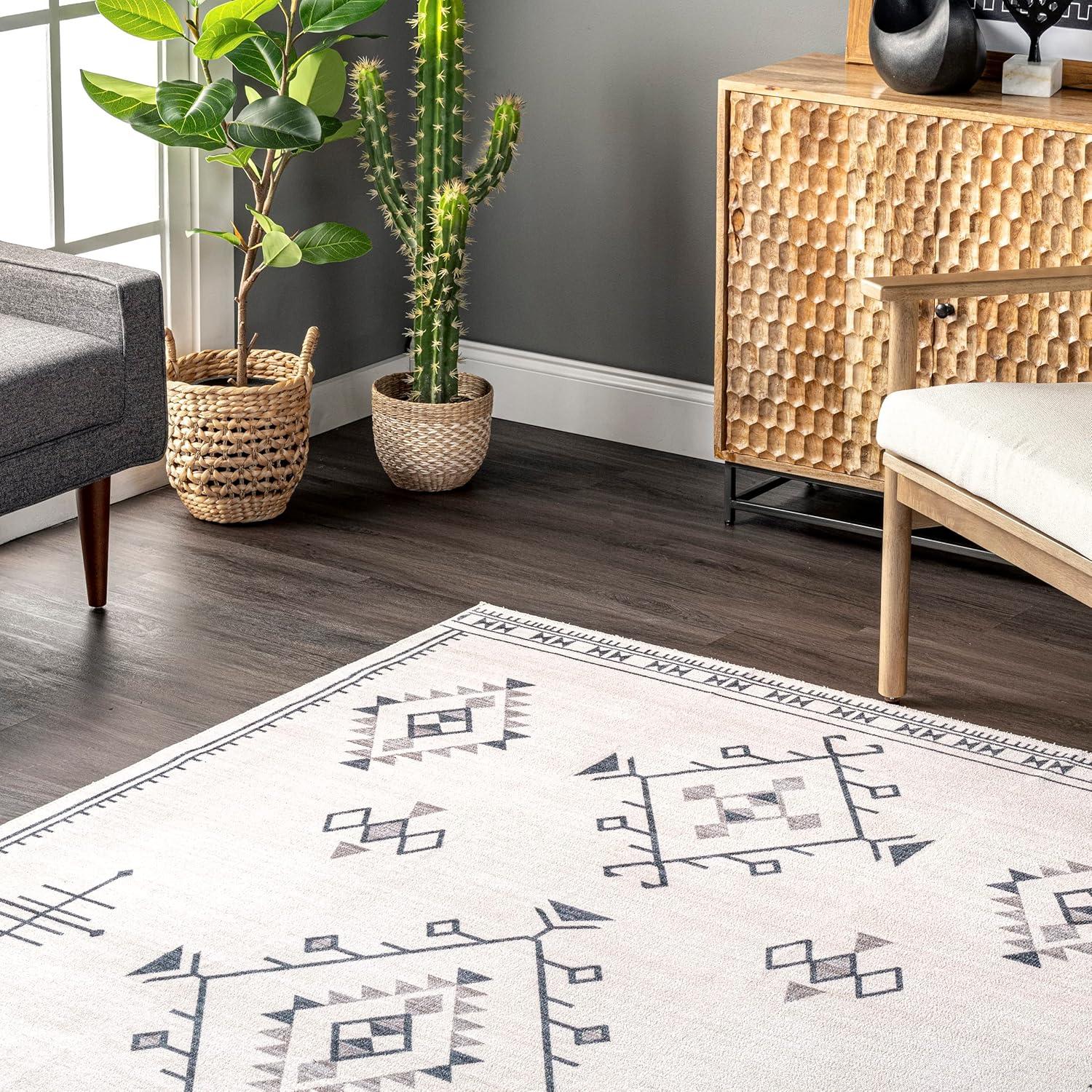 Cream Southwestern 16x10 Washable Synthetic Area Rug