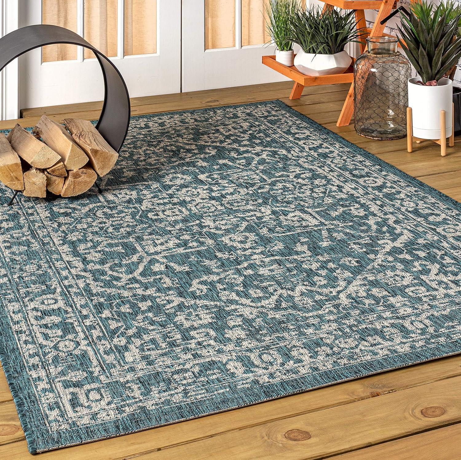 3'x5' Malta Bohemian Medallion Textured Weave Indoor/Outdoor Area Rug, Teal/Gray - JONATHAN Y