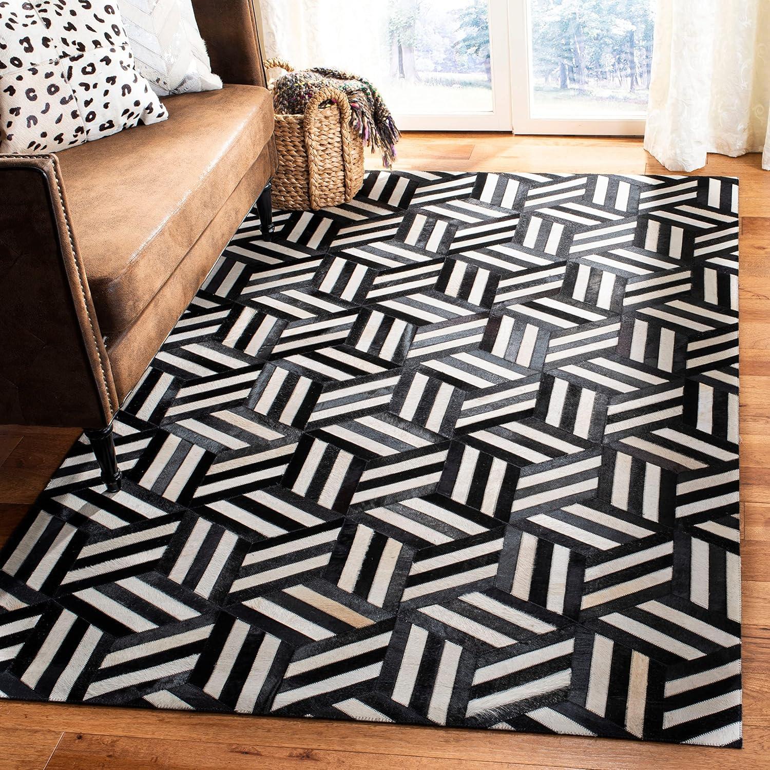 Ivory and Black Geometric Cowhide Area Rug, 8' x 10'