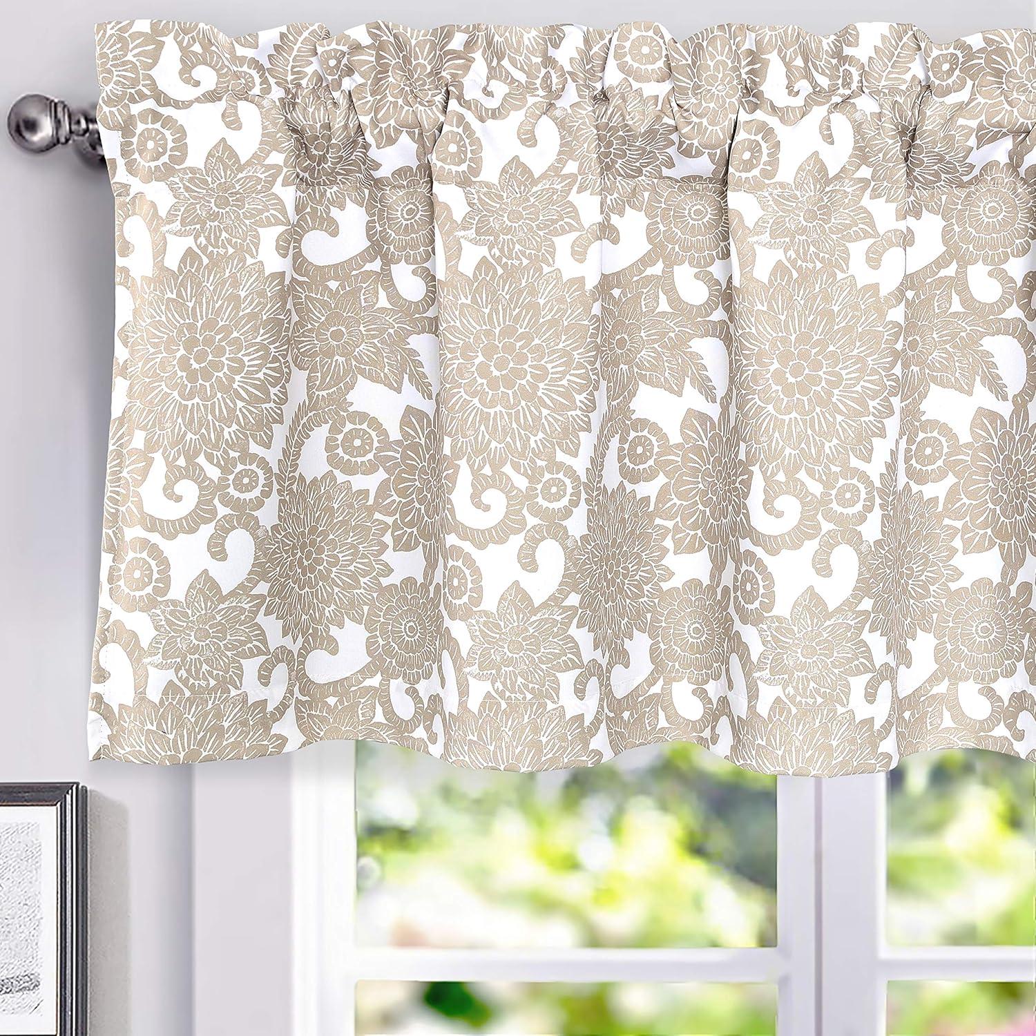 DriftAway Daisy Dahlia Blooming Flower/Floral Lined Thermal Insulated Energy Saving Window Curtain Valance for Living Room/Bedroom/Kitchen, 2 Layers, Rod Pocket, 52"x18"+2’’Header (Navy)