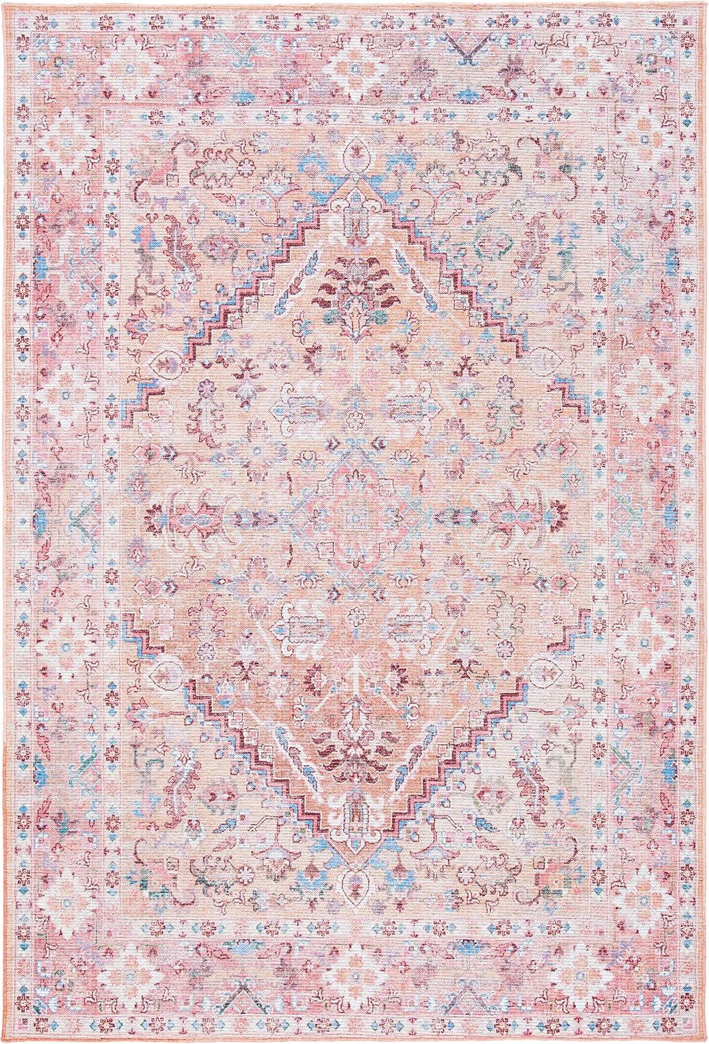 Beige and Pink Square Washable Viscose Chenille Rug