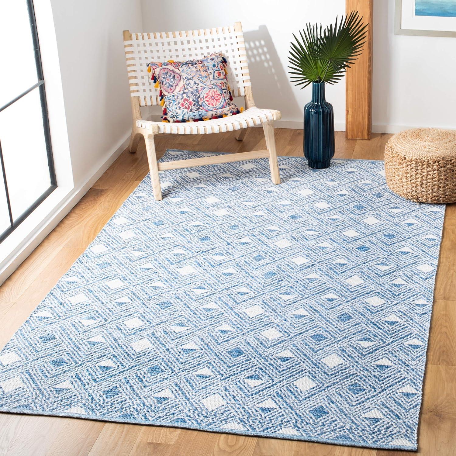 Coastal Charm Blue & Ivory Geometric Hand-Woven Cotton Rug 8' x 10'