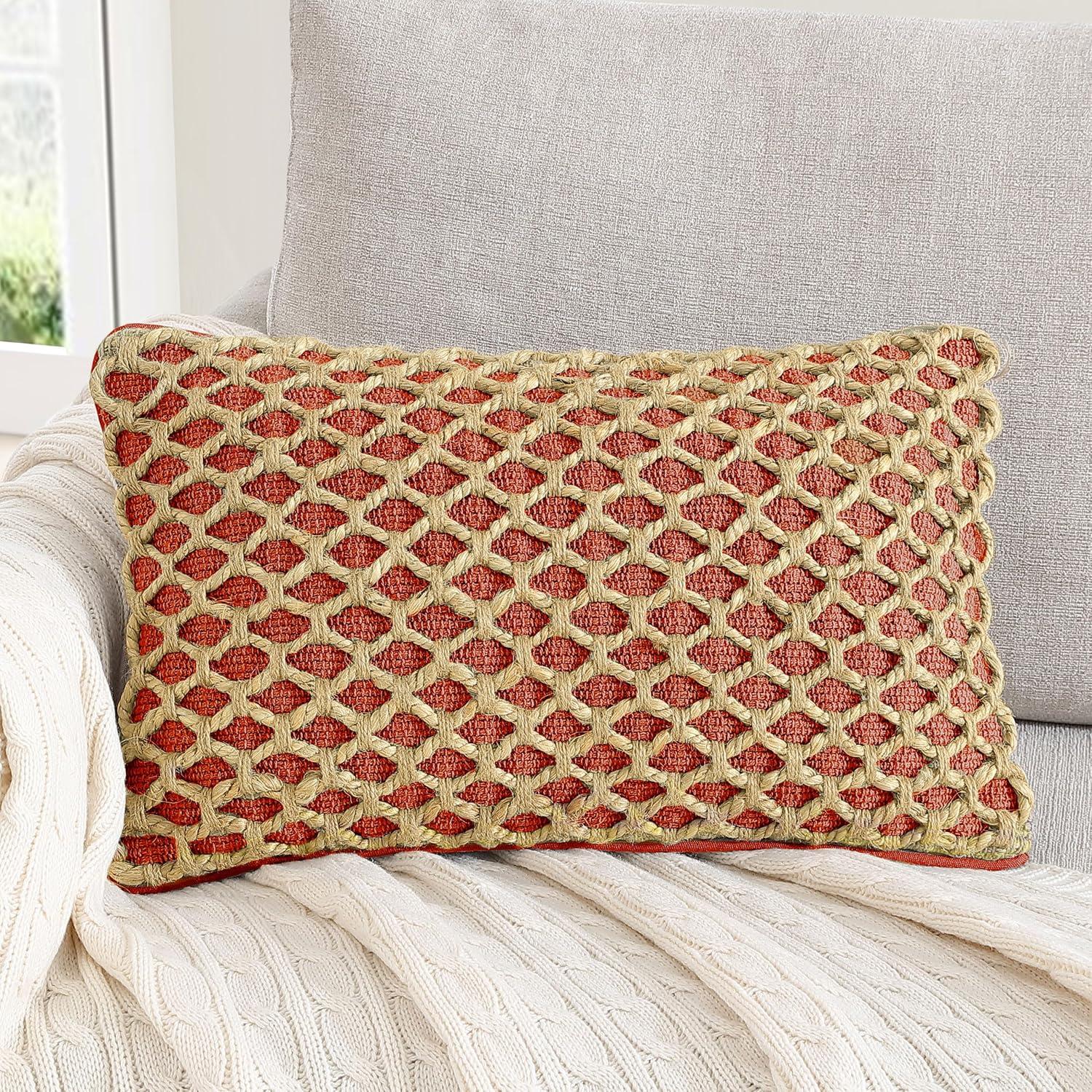 Jada Rectangular Rust Woven Cotton and Jute Pillow