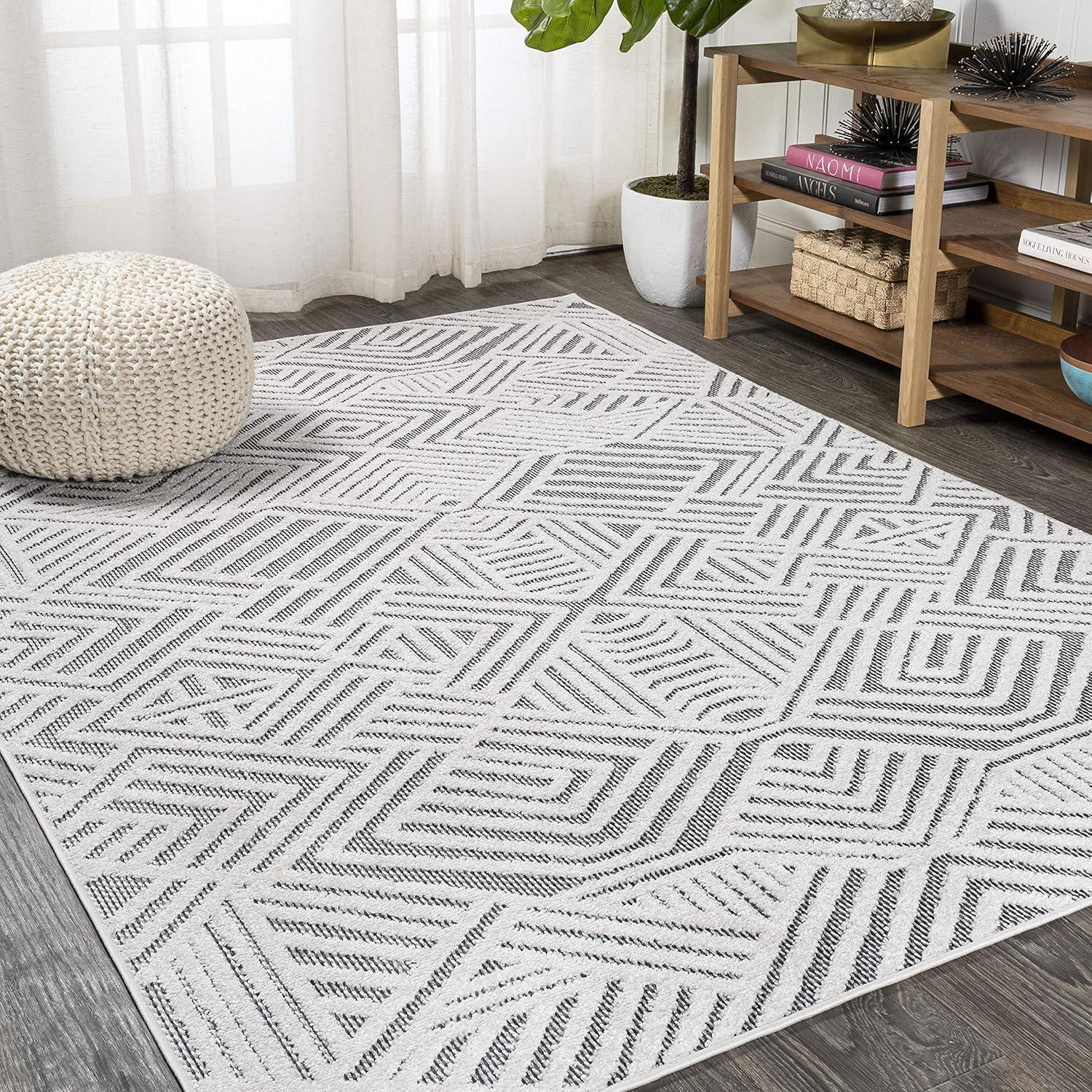 4'x6' Jordan High-Low Pile Art Deco Geometric Indoor/Outdoor Area Rug, White/Black - JONATHAN Y