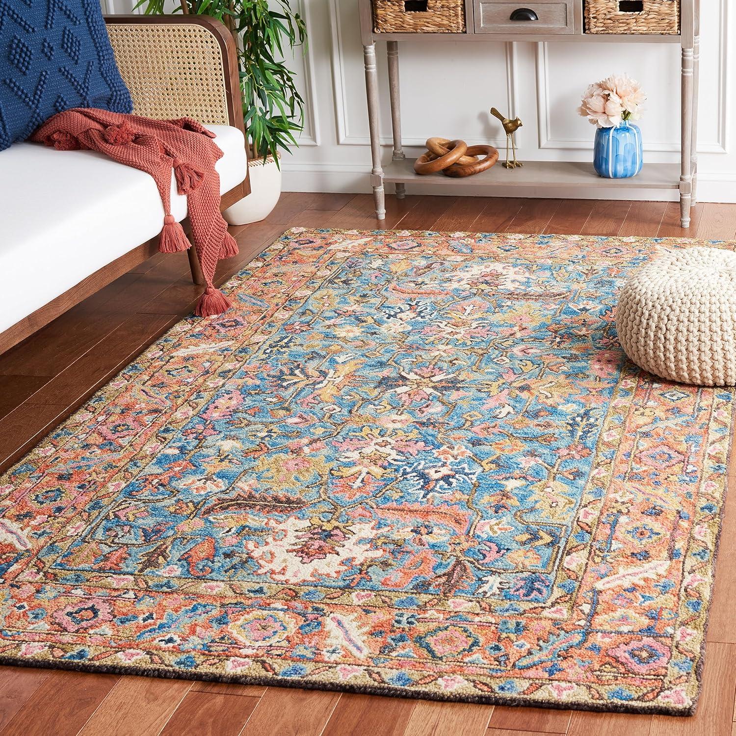 Handmade Blue Floral Wool and Cotton 3' x 5' Area Rug